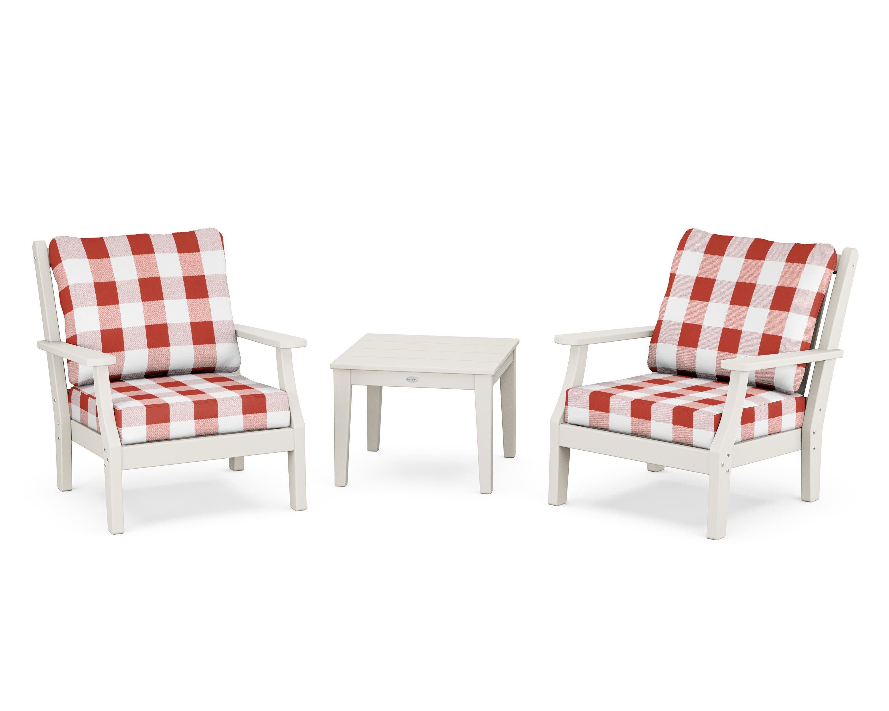 Wovendale 3-Piece Deep Seating Set in Sand / Buffalo Plaid Crimson