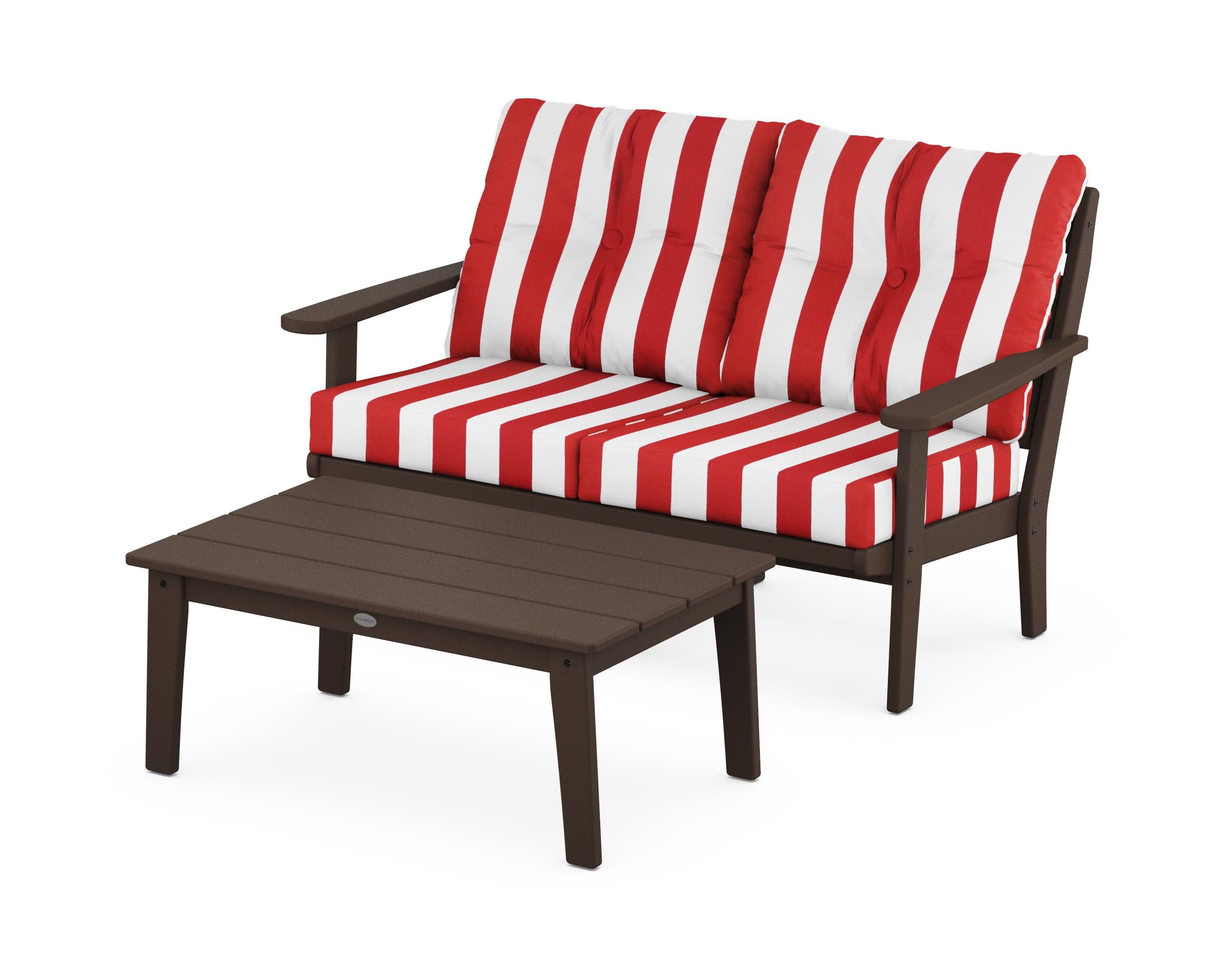 Lakeside 2-Piece Lounge Loveseat Set in Mahogany / Cabana Stripe Crimson