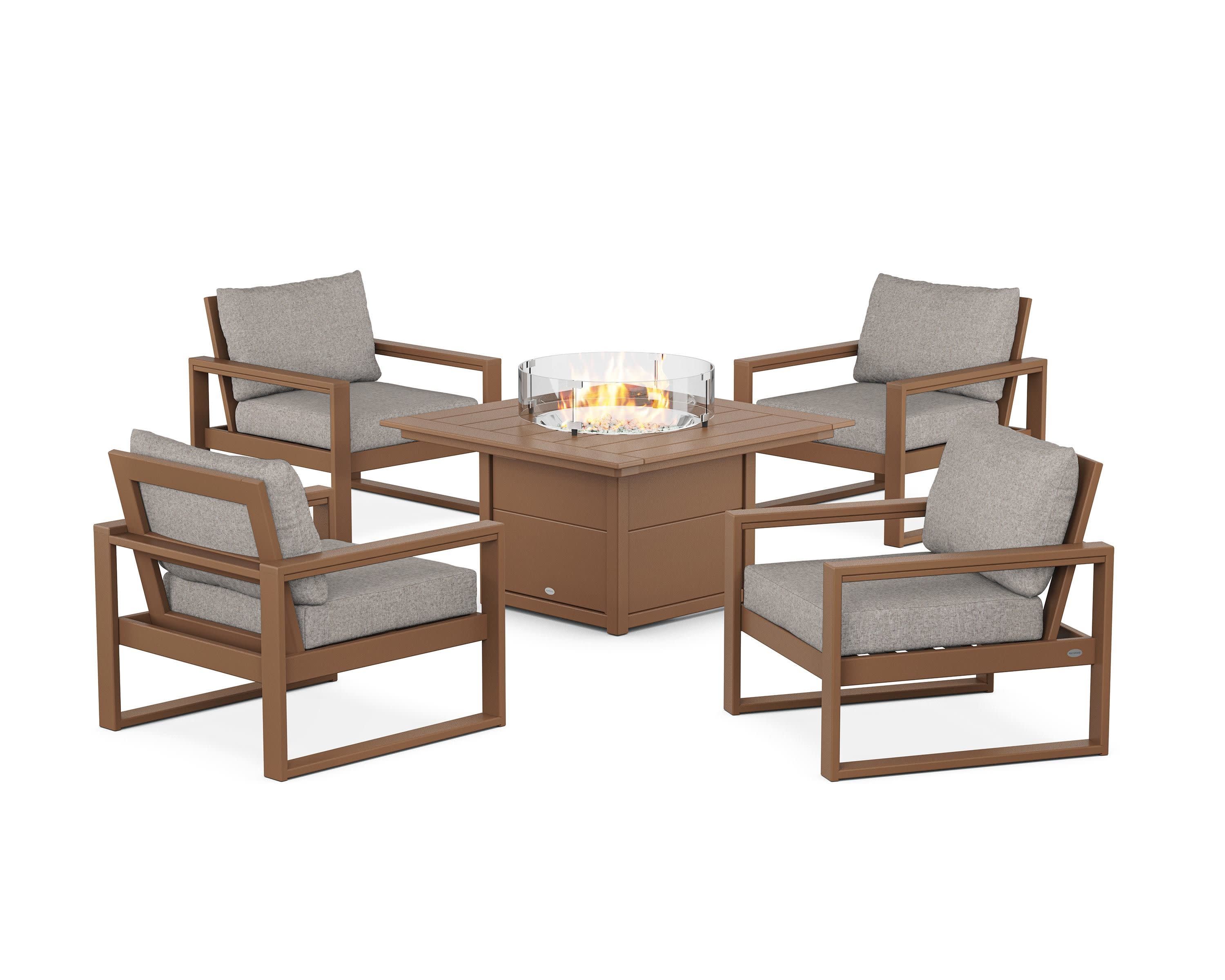 EDGE Sectional 5-Piece Deep Seating Set with Fire Pit Table in Teak / Weathered Tweed