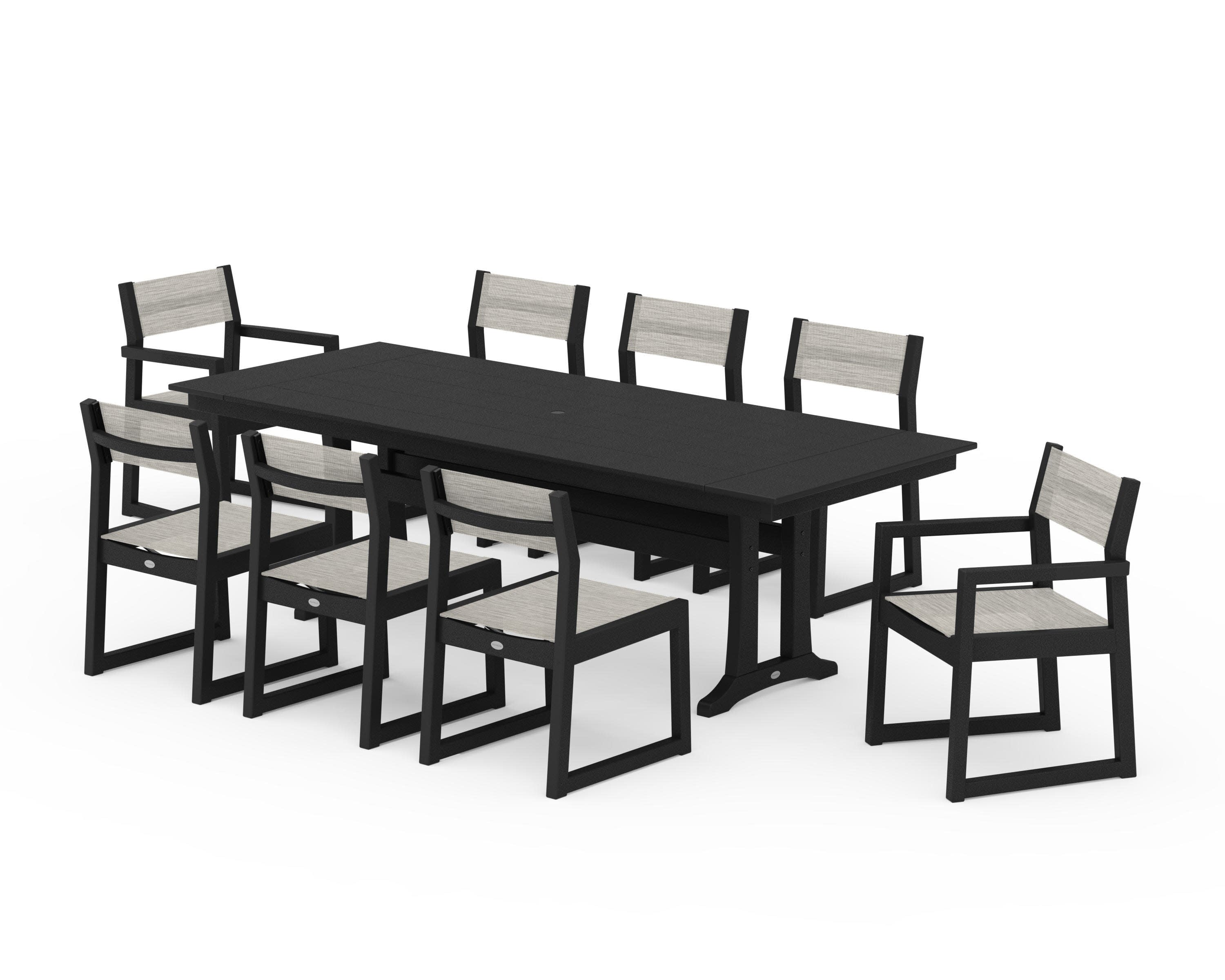 EDGE Sling 9-Piece Farmhouse Trestle Dining Set in Black / Birch Sling