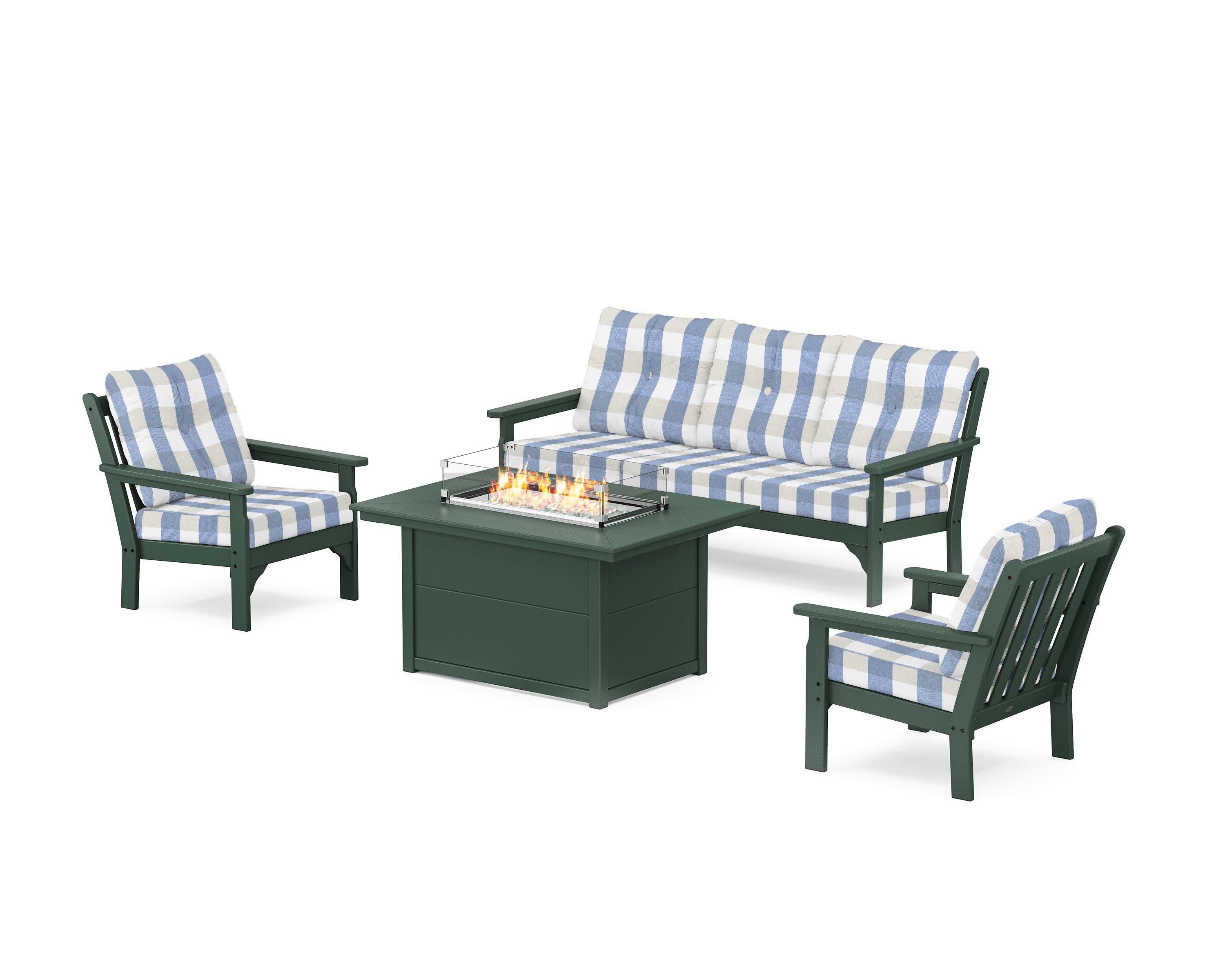 Vineyard Deep Seating Fire Pit Table Set in Green / Buffalo Plaid Sky Blue