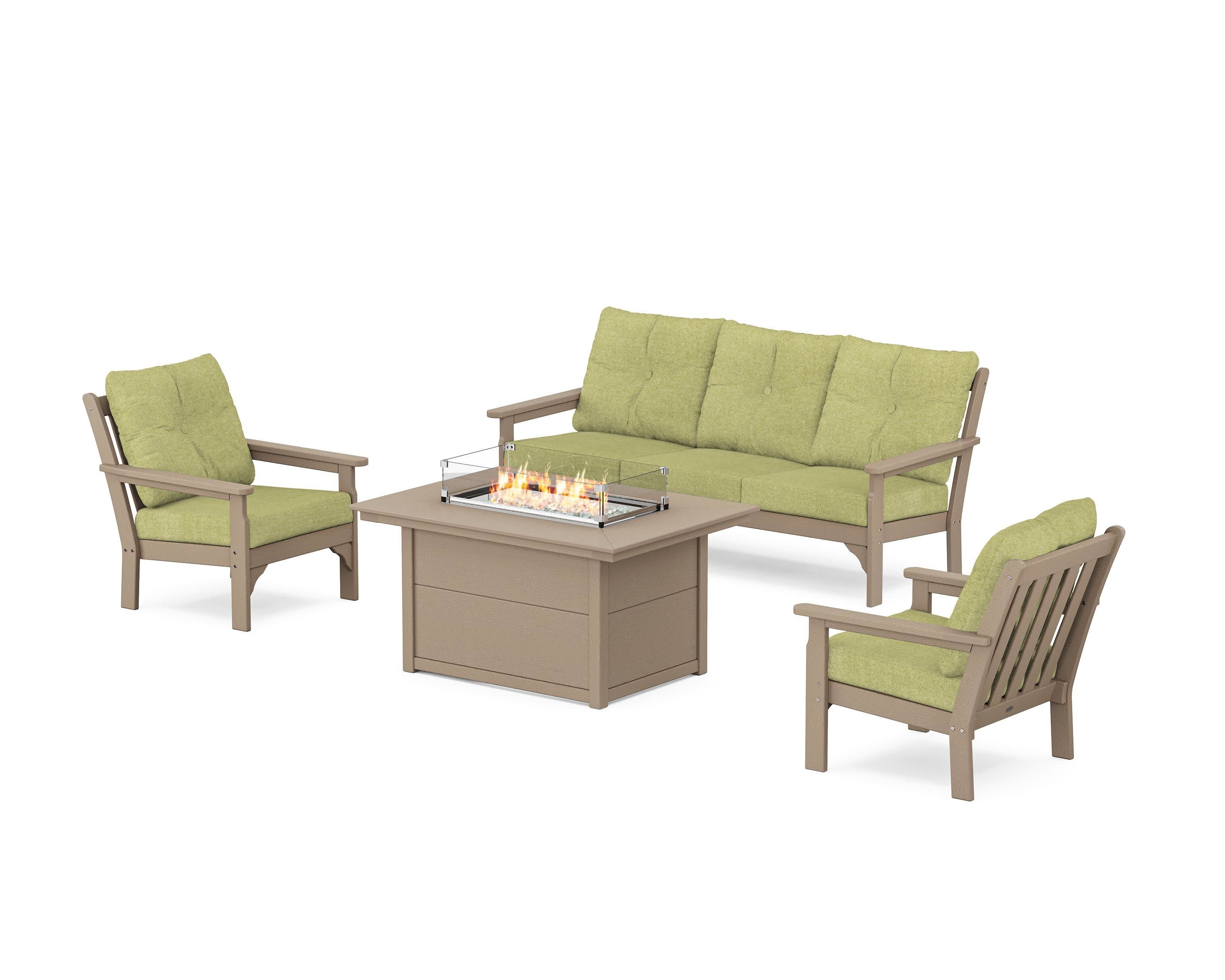 Vineyard Deep Seating Fire Pit Table Set in Vintage Sahara / Chartreuse Boucle