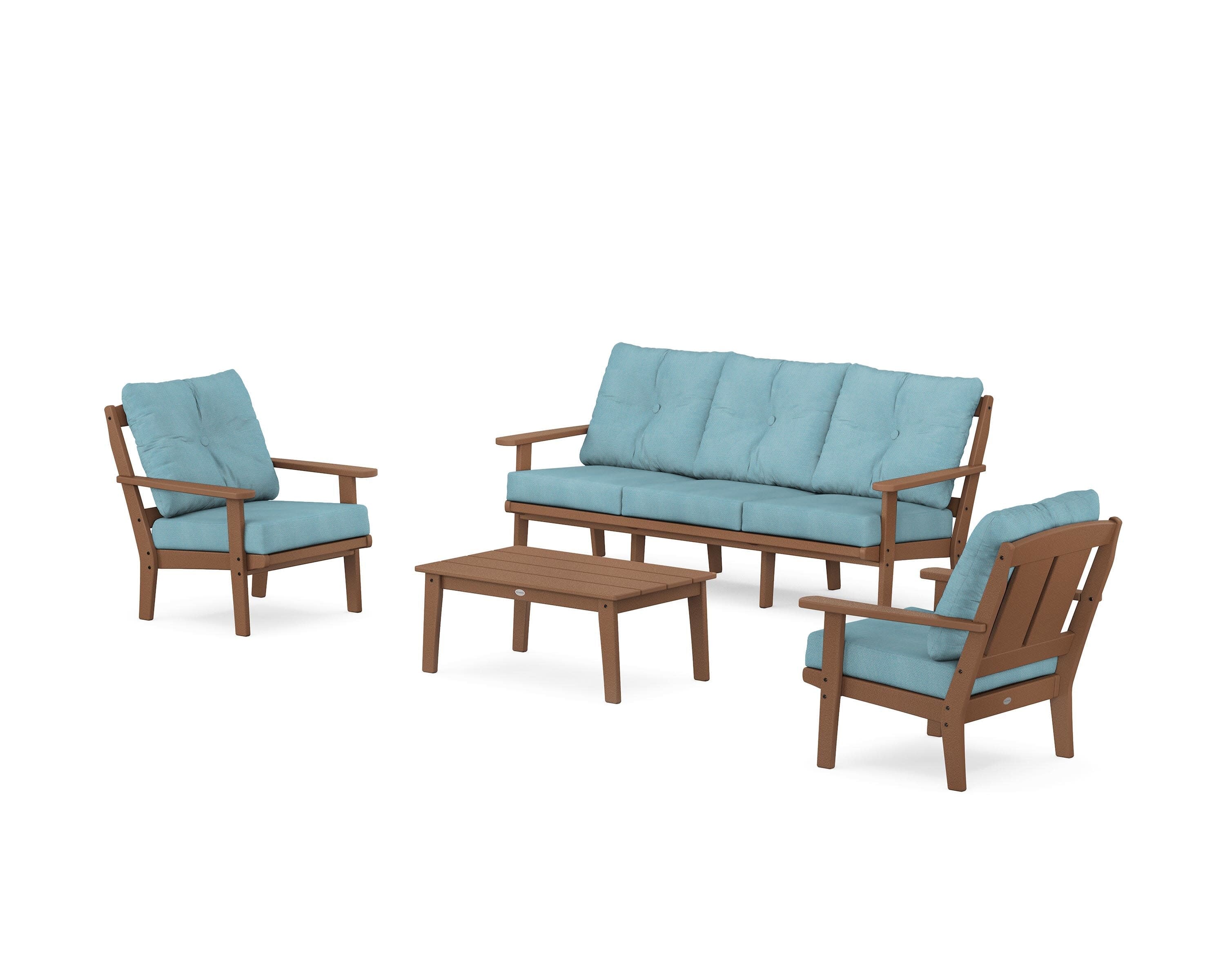 Mission 4-Piece Deep Seating Set with Sofa in Teak / Lattice Sky Blue