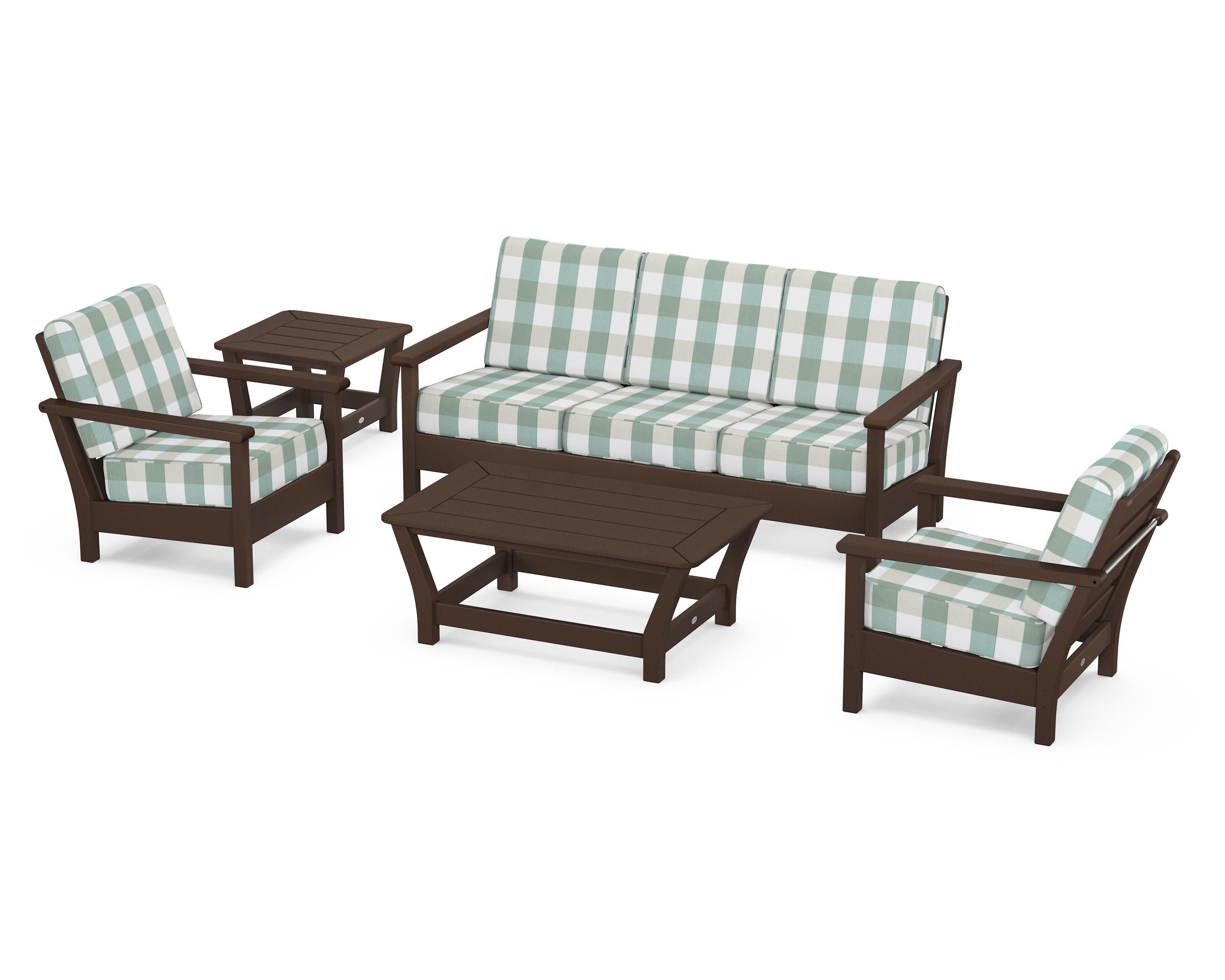 Harbour 5-Piece Deep Seating Set in Mahogany / Buffalo Plaid Glacier Spa