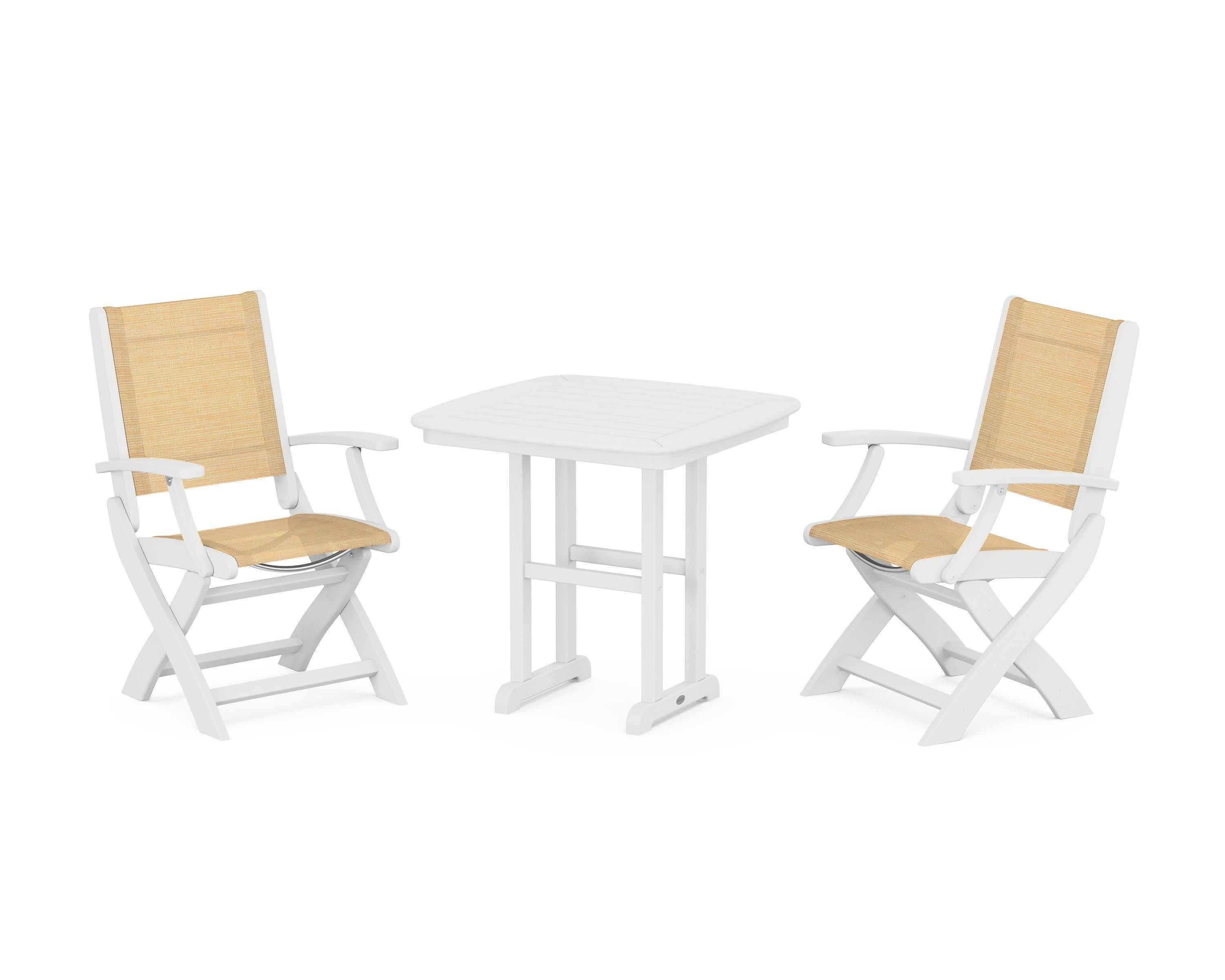 Coastal Folding Chair 3-Piece Dining Set in White / Dupioni Apricot Sling
