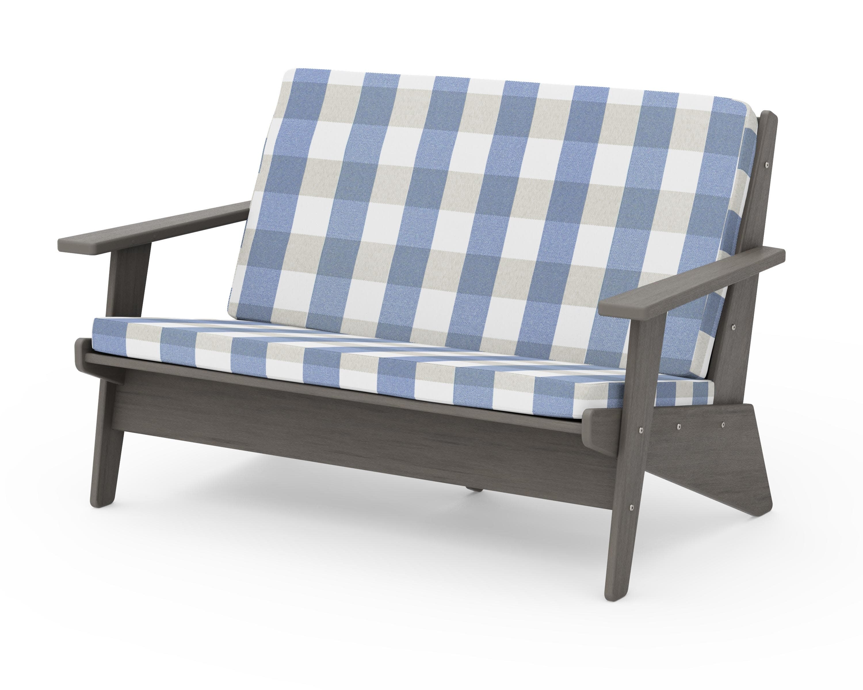 Riviera Modern Lounge Loveseat in Driftwood / Buffalo Plaid Sky Blue