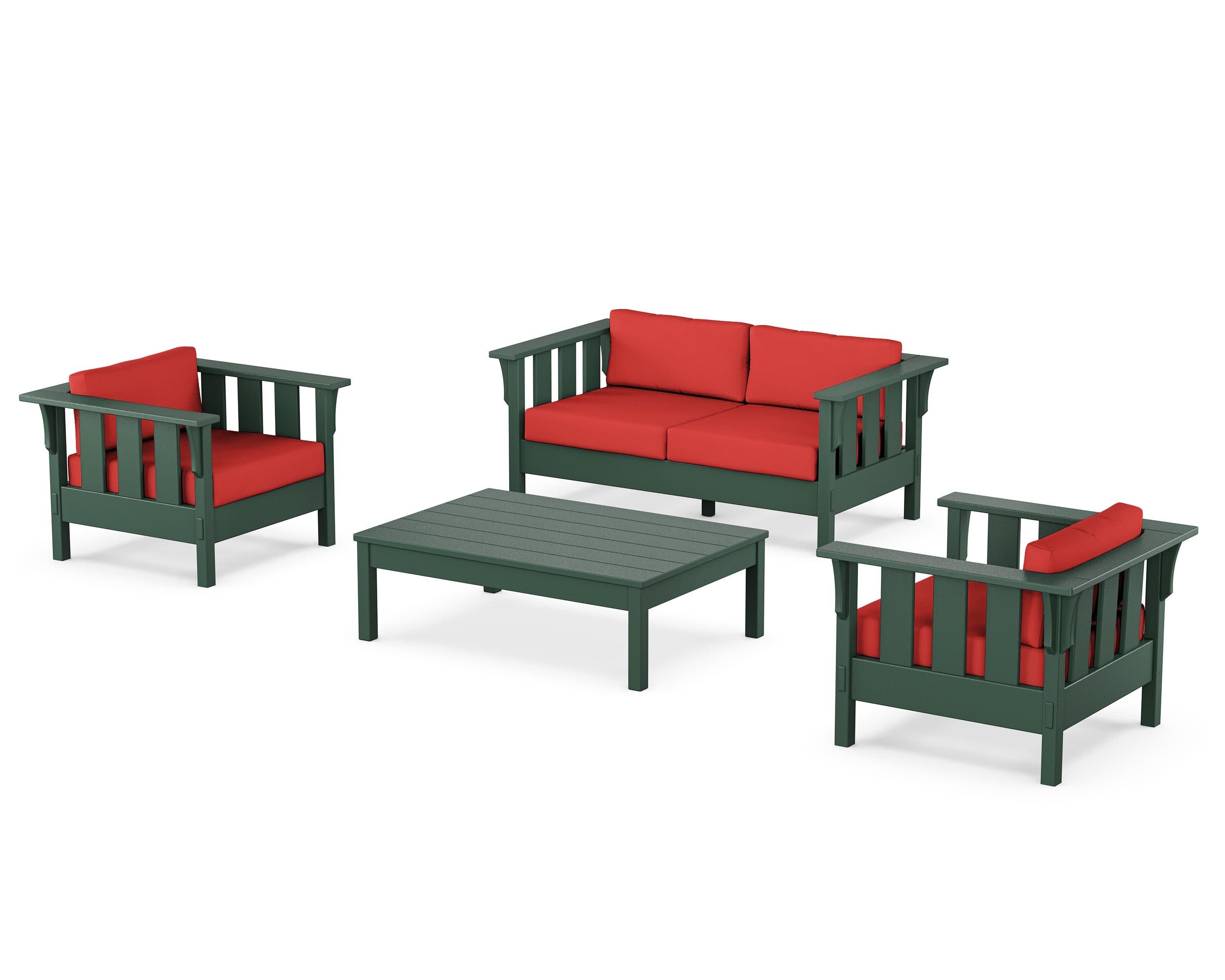 Acadia 4-Piece Deep Seating Set with Loveseat in Green / Crimson Linen