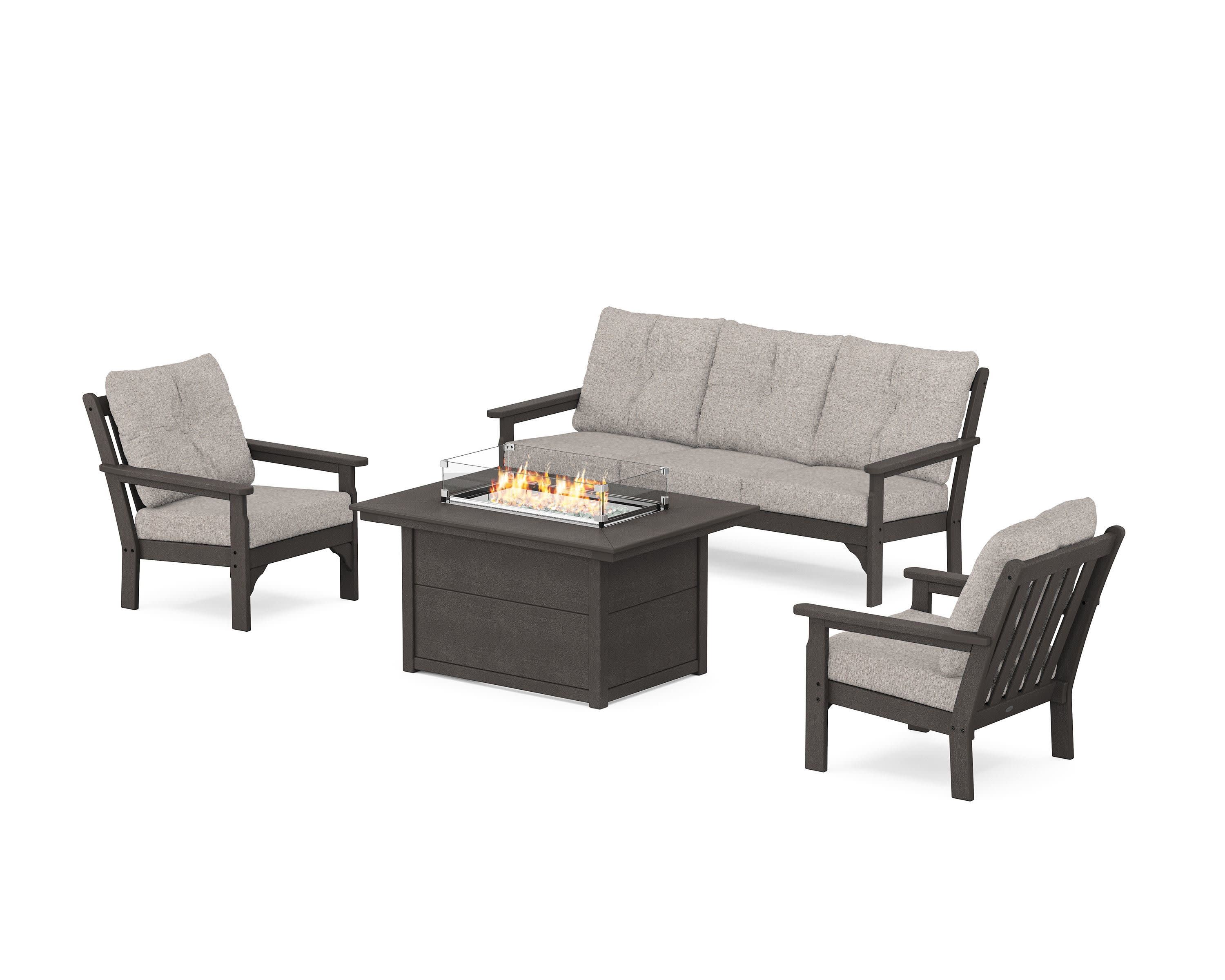 Vineyard Deep Seating Fire Pit Table Set in Vintage Coffee / Weathered Tweed