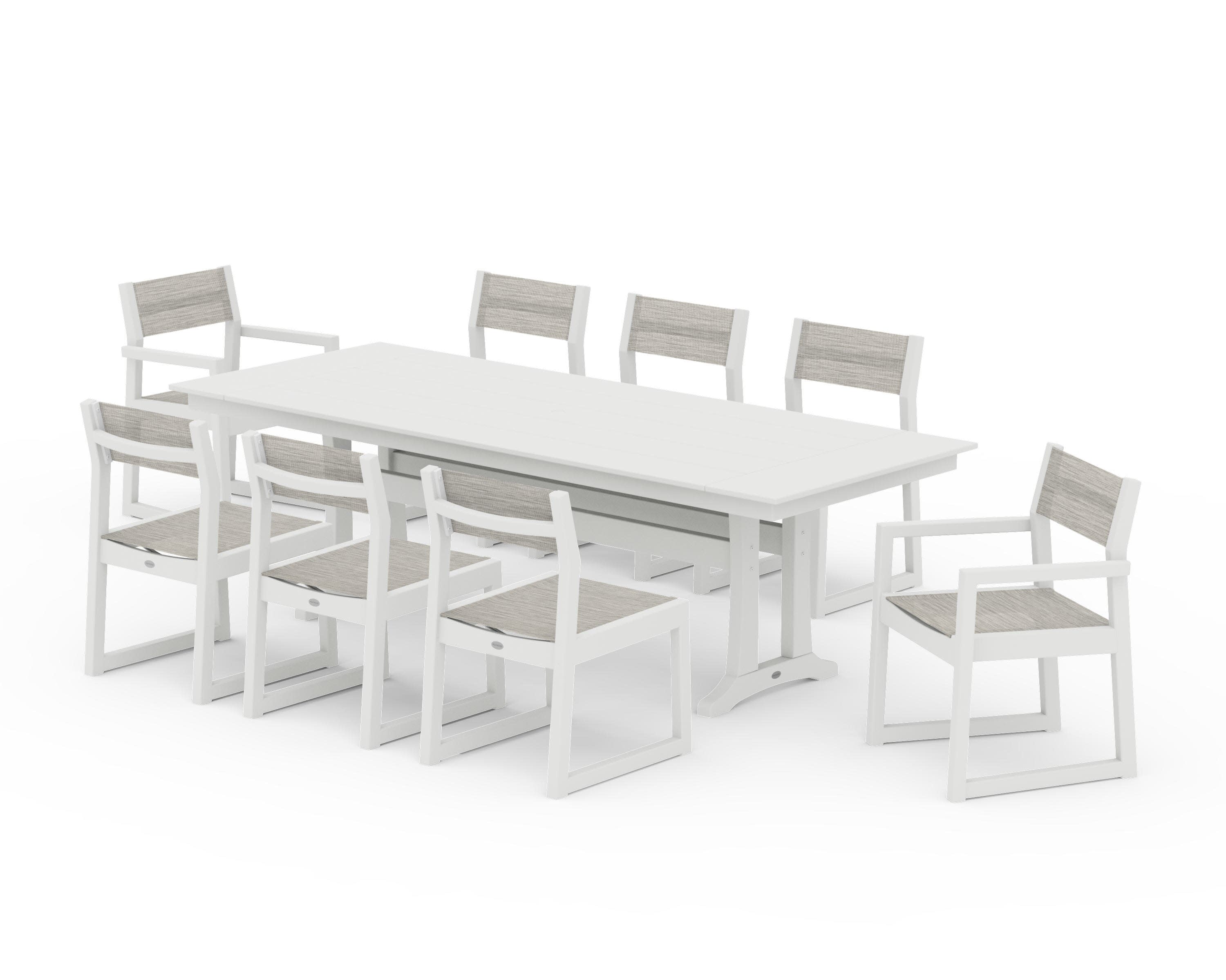 EDGE Sling 9-Piece Farmhouse Trestle Dining Set in Vintage White / Birch Sling
