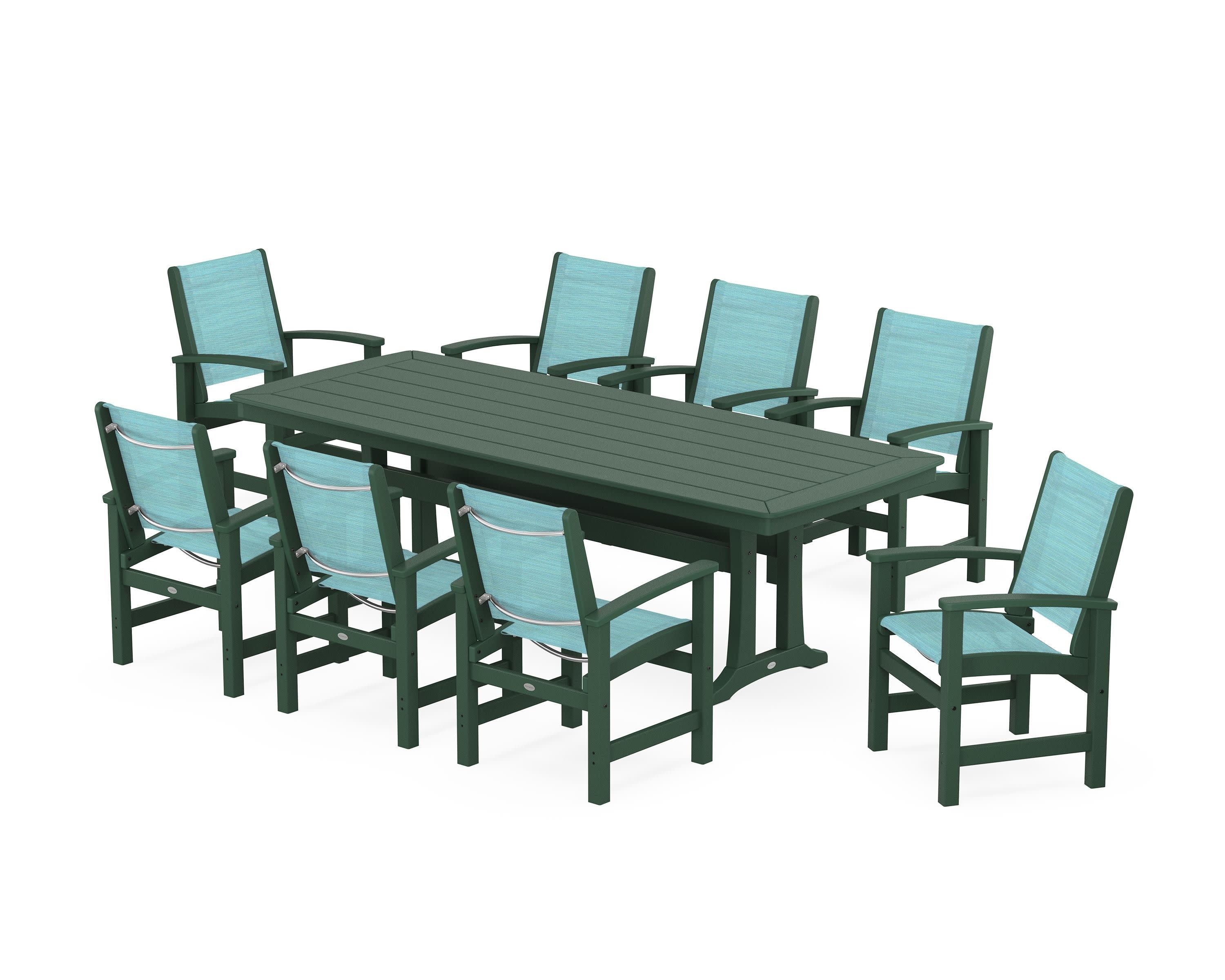 Coastal 9-Piece Dining Set with Trestle Legs in Green / Dupioni Aquamarine Sling
