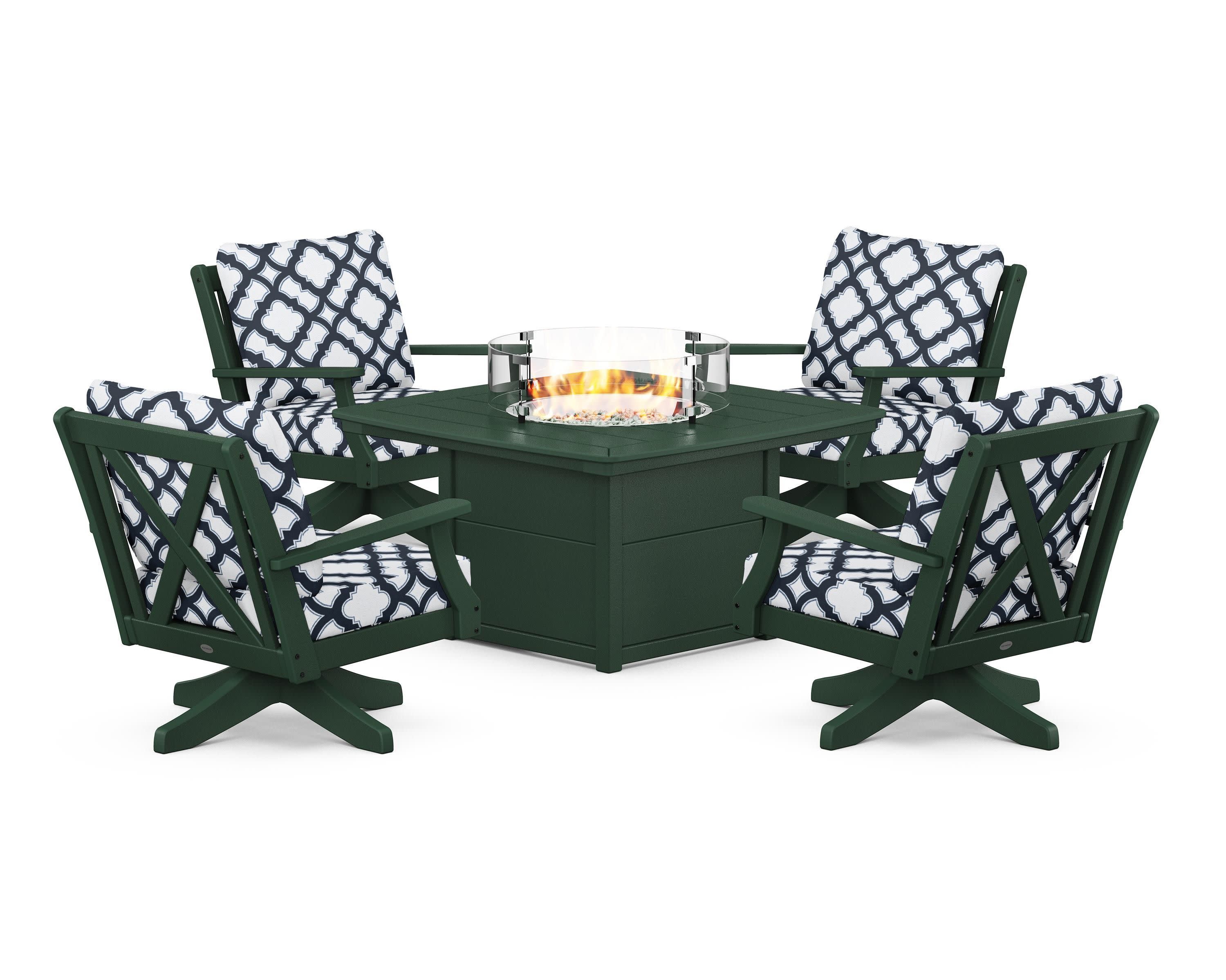 Braxton 5-Piece Deep Seating Swivel Conversation Set with Fire Pit Table in Green / Trellis Marine Indigo