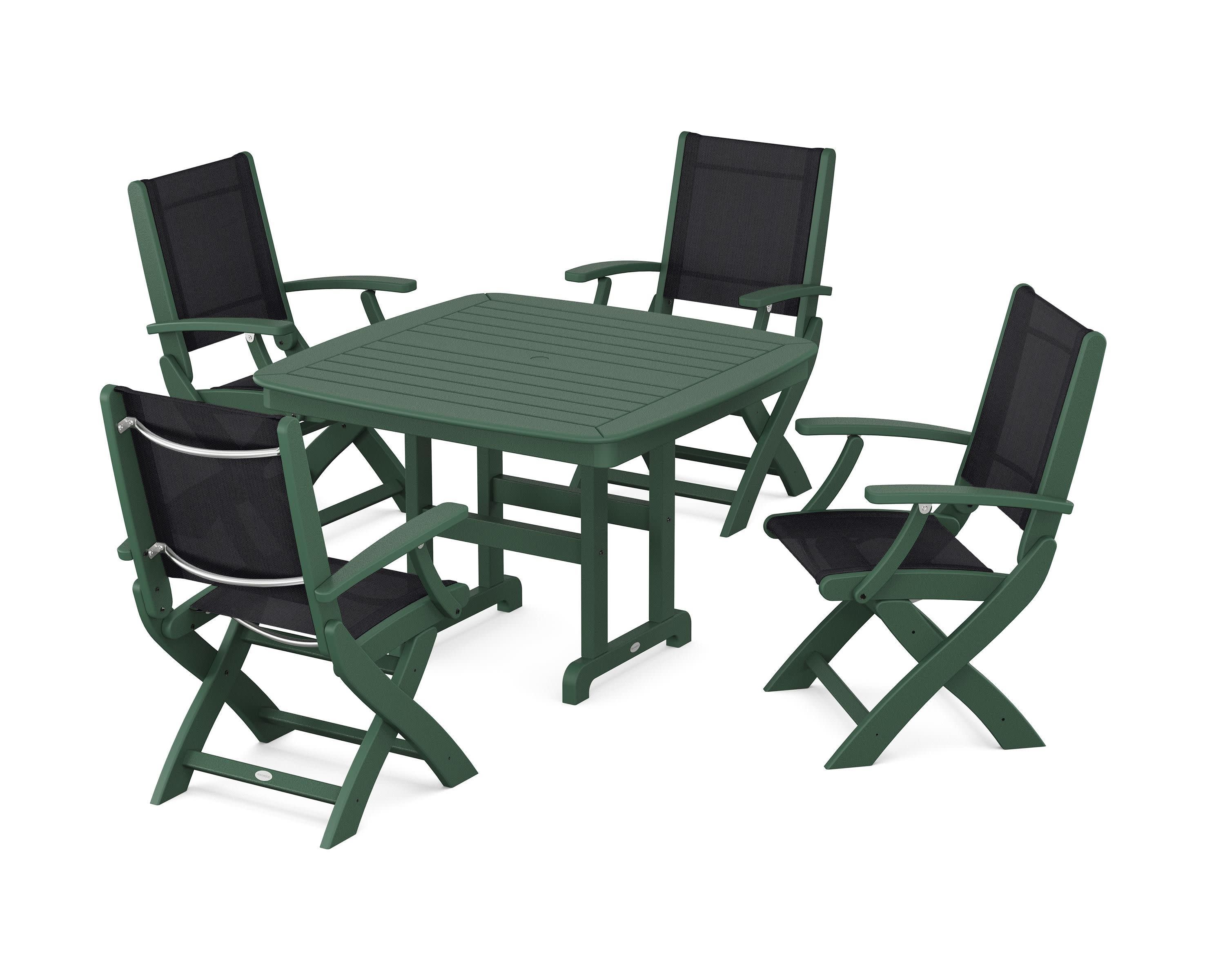 Coastal Folding Chair 5-Piece Dining Set in Green / Black Sling