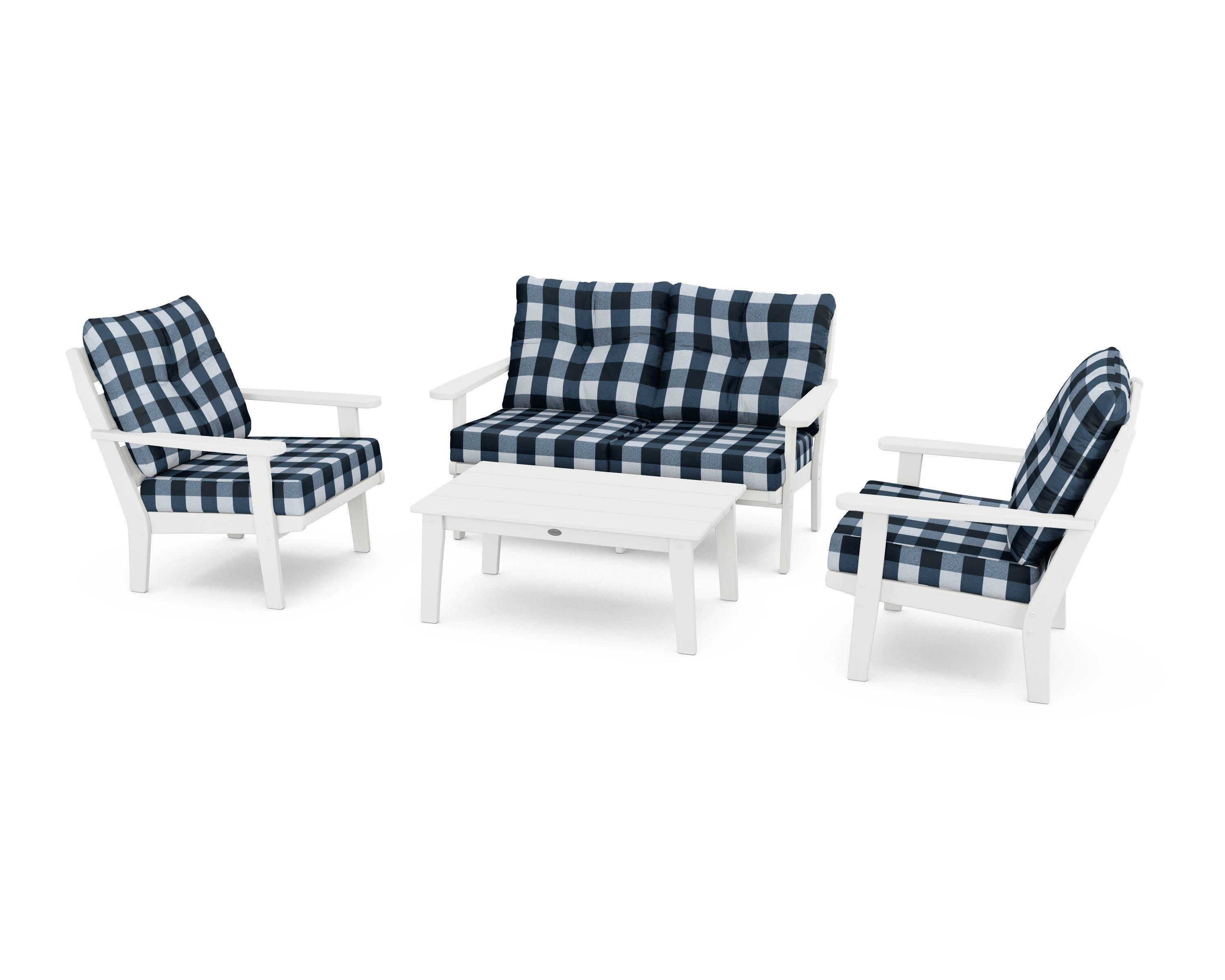 Lakeside 4-Piece Deep Seating Set in Vintage White / Buffalo Plaid Marine Indigo