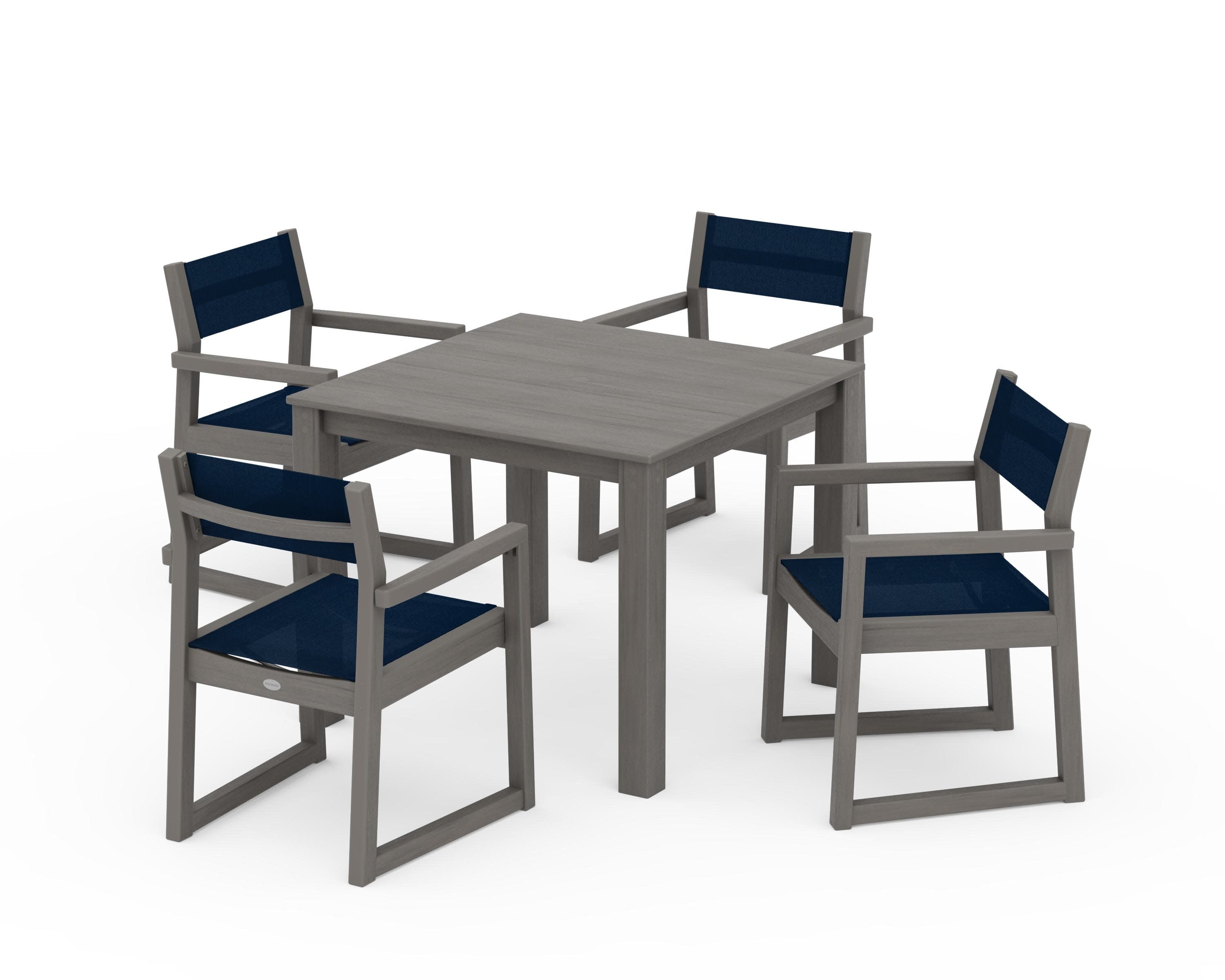EDGE Sling Arm Chair 5-Piece Parsons Dining Set in Driftwood / Navy Blue Sling