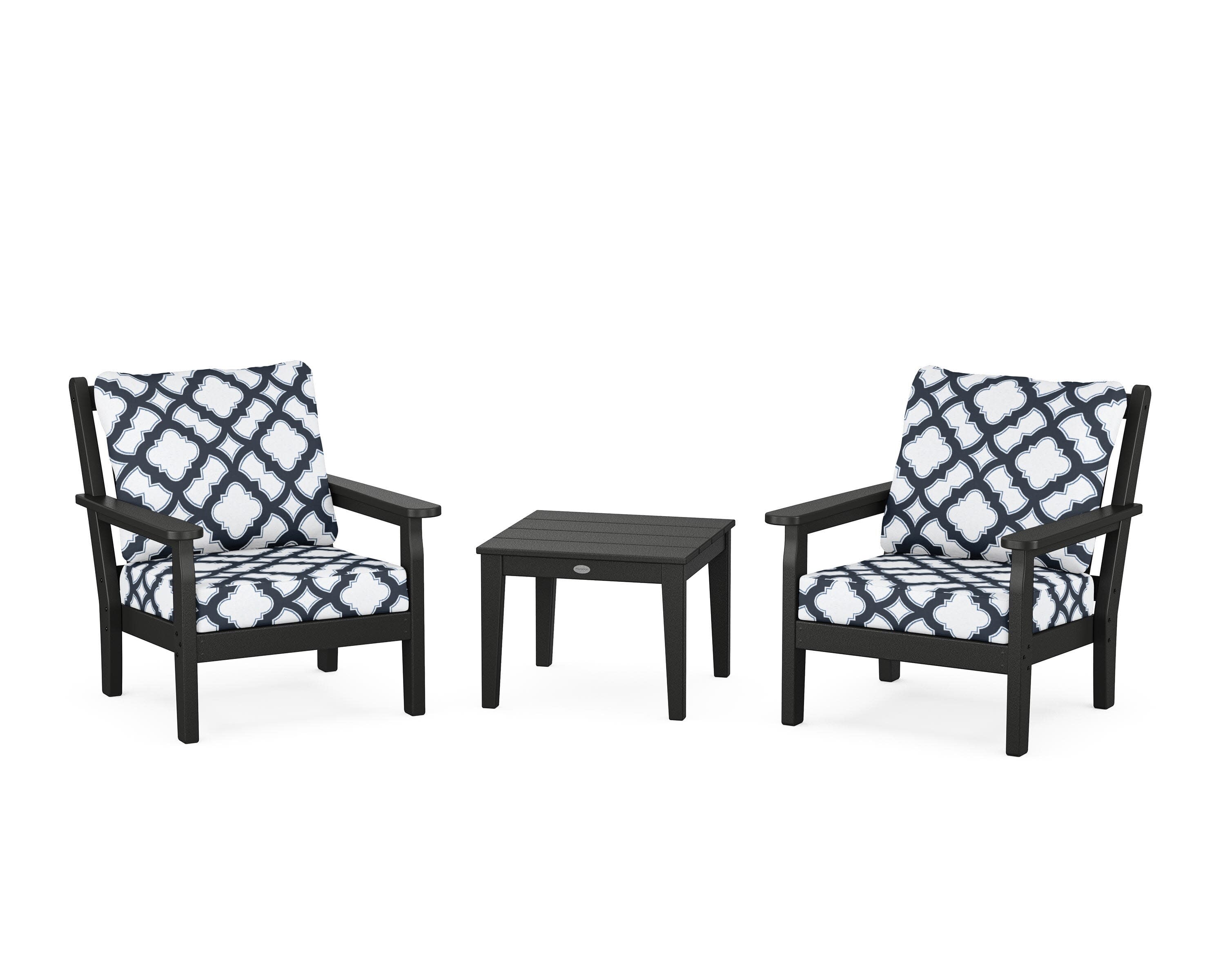 Chippendale 3-Piece Deep Seating Set in Black / Trellis Marine Indigo