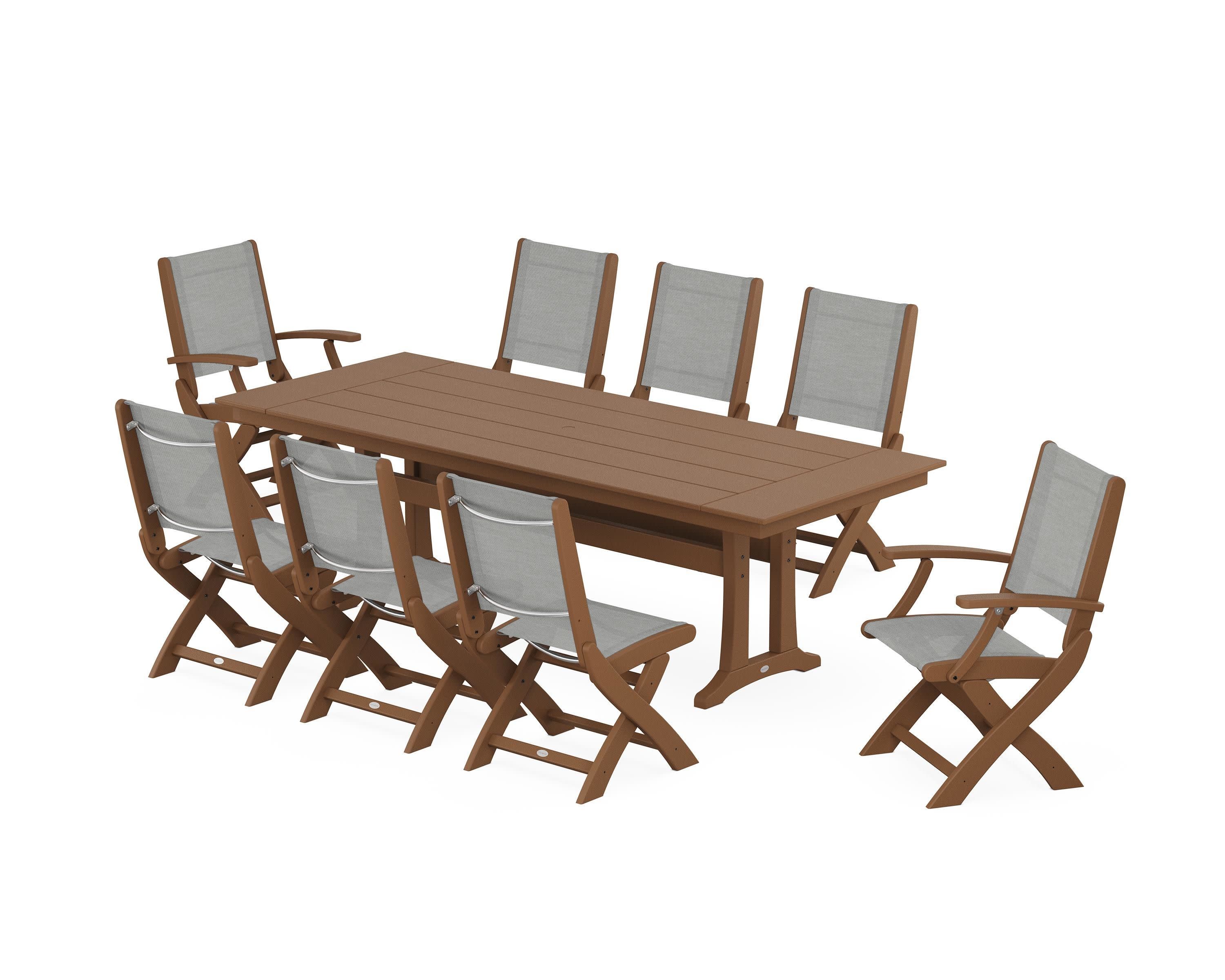 Coastal 9-Piece Folding Dining Chair Farmhouse Dining Set with Trestle Legs in Teak / Metallic Sling