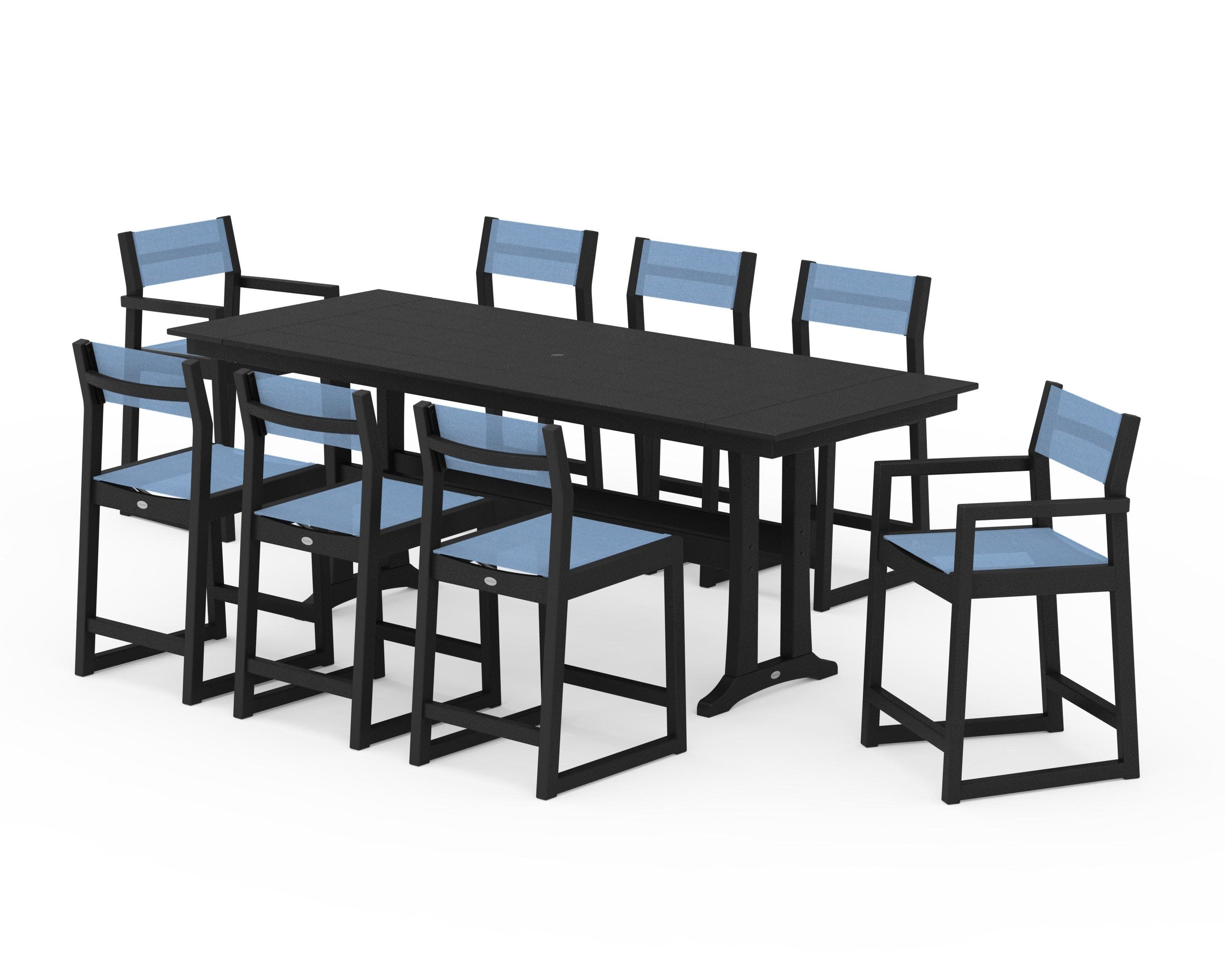 EDGE Sling 9-Piece Farmhouse Counter Set with Trestle Legs in Black / Poolside Sling