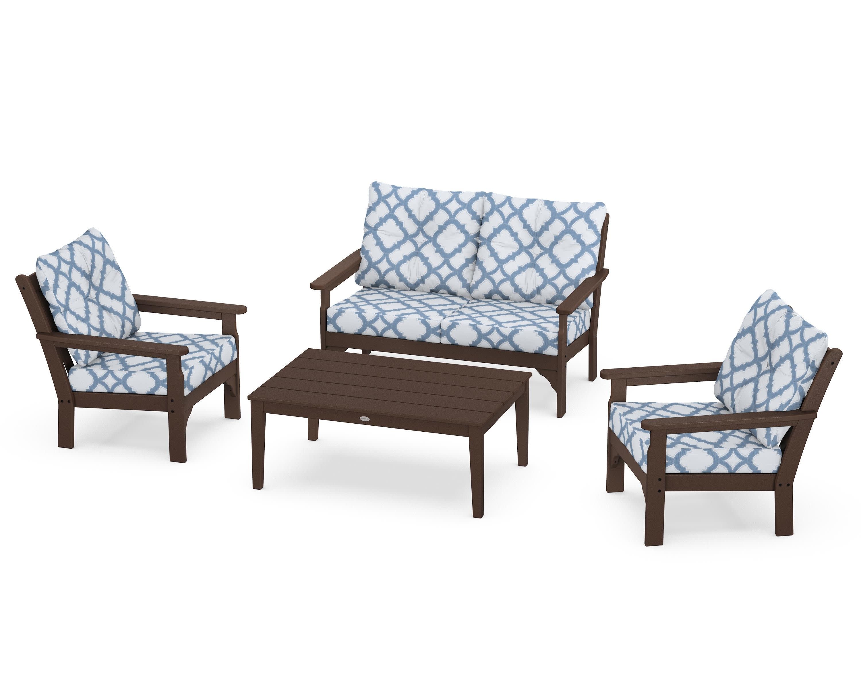 Vineyard 4-Piece Deep Seating Set in Mahogany / Trellis Sky Blue