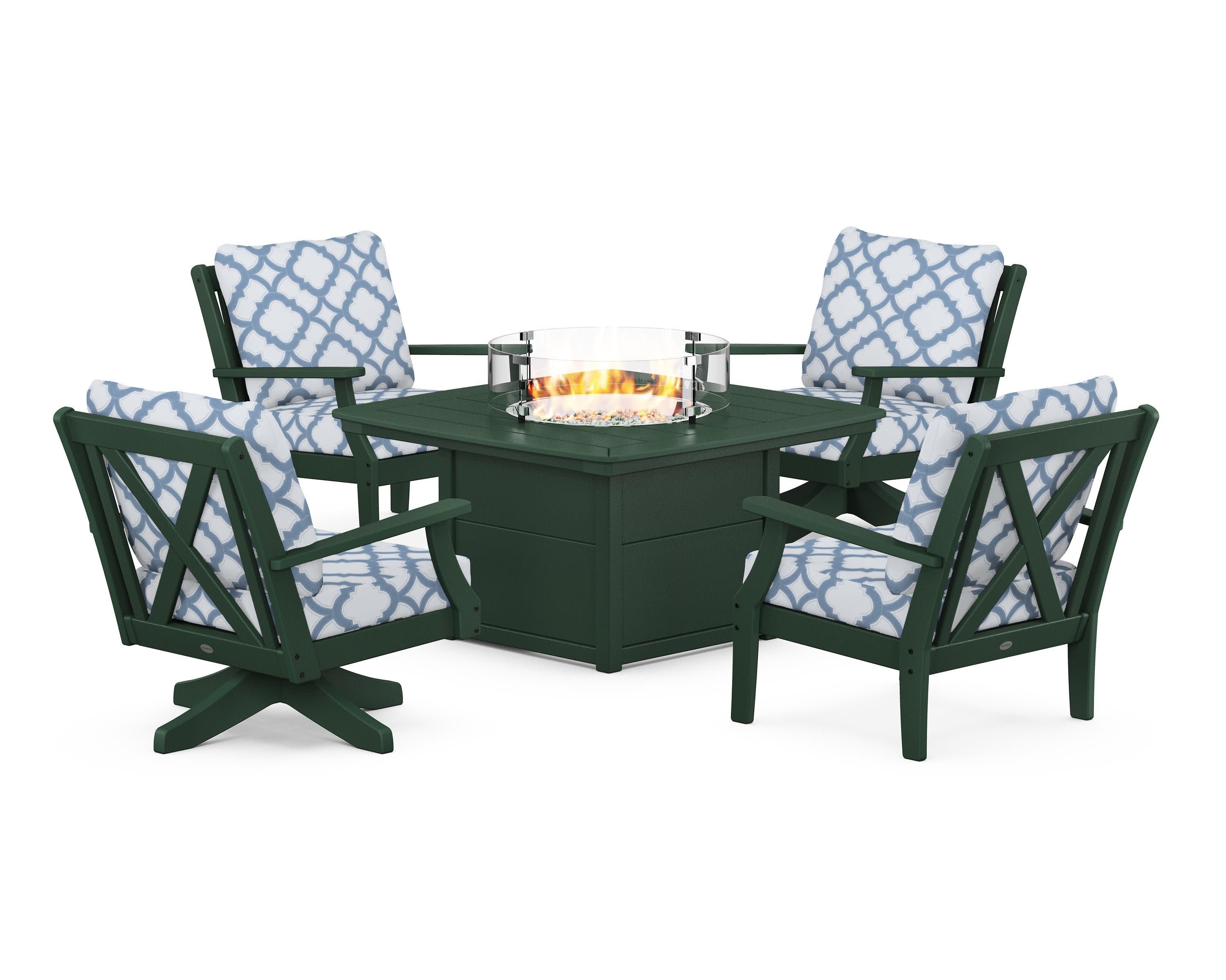 Braxton 5-Piece Deep Seating Set with Fire Table in Green / Trellis Sky Blue