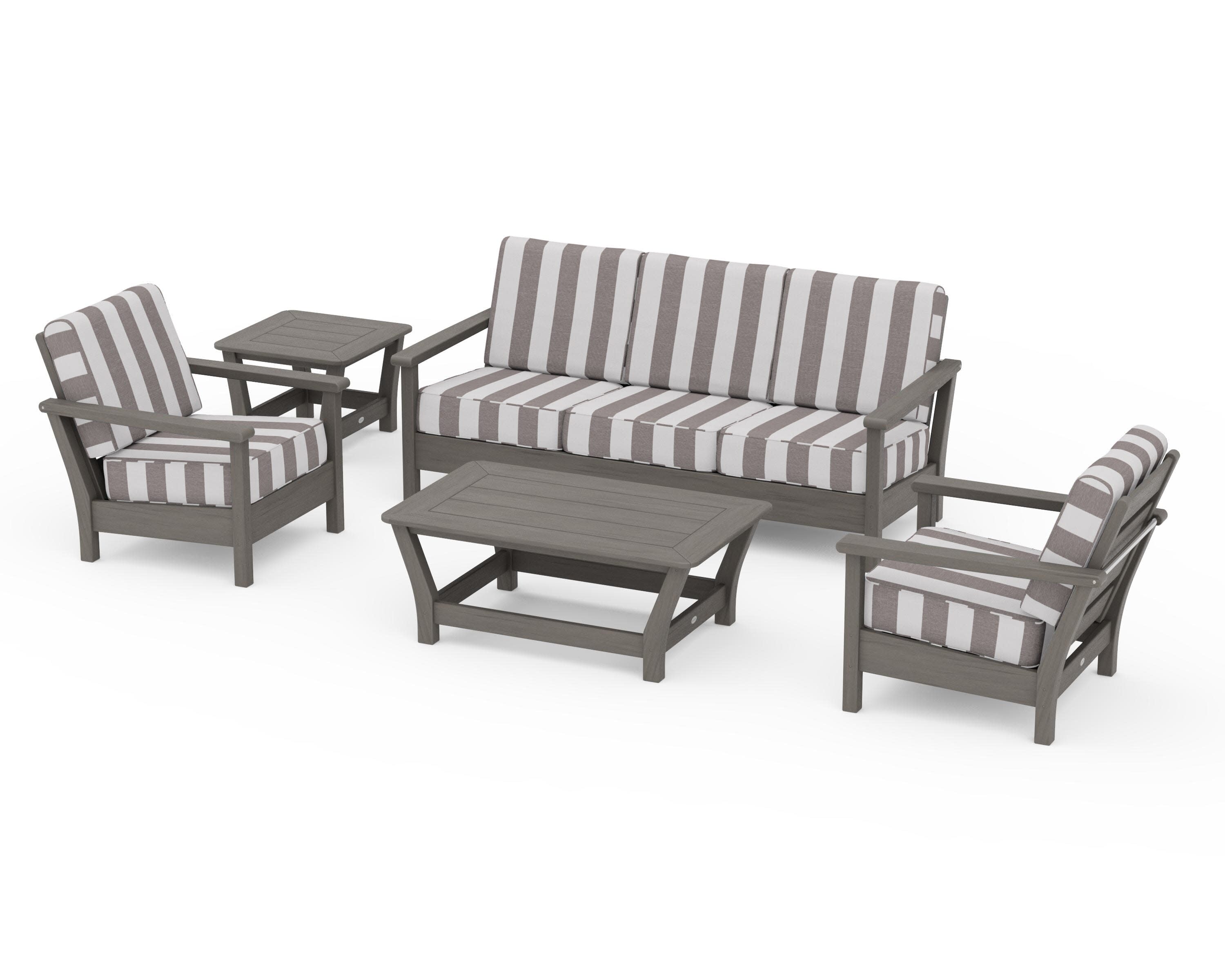 Harbour 5-Piece Deep Seating Set in Driftwood / Cabana Stripe Grey Mist