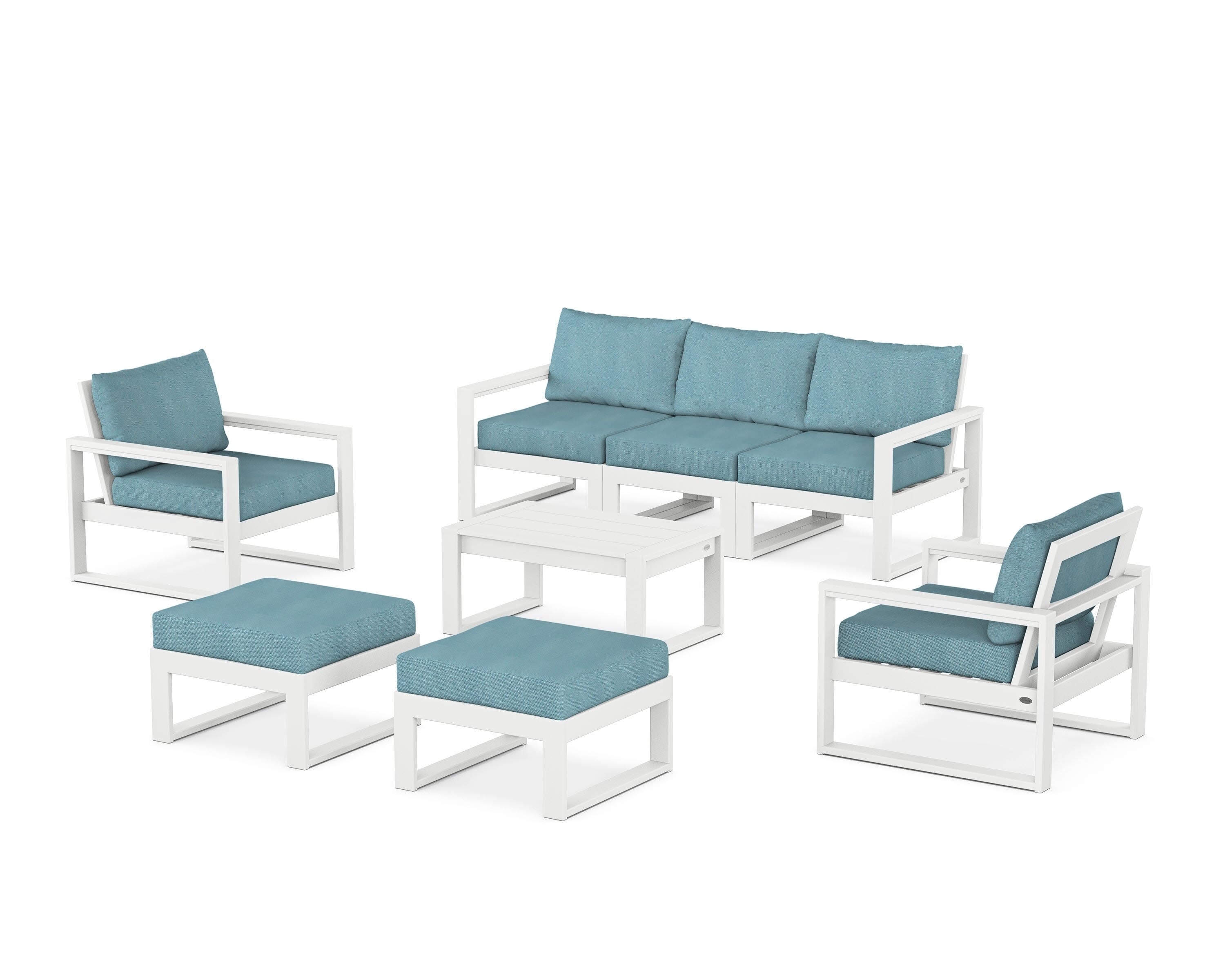 EDGE Sectional 8-Piece Lounge Sofa Set in White / Lattice Sky Blue