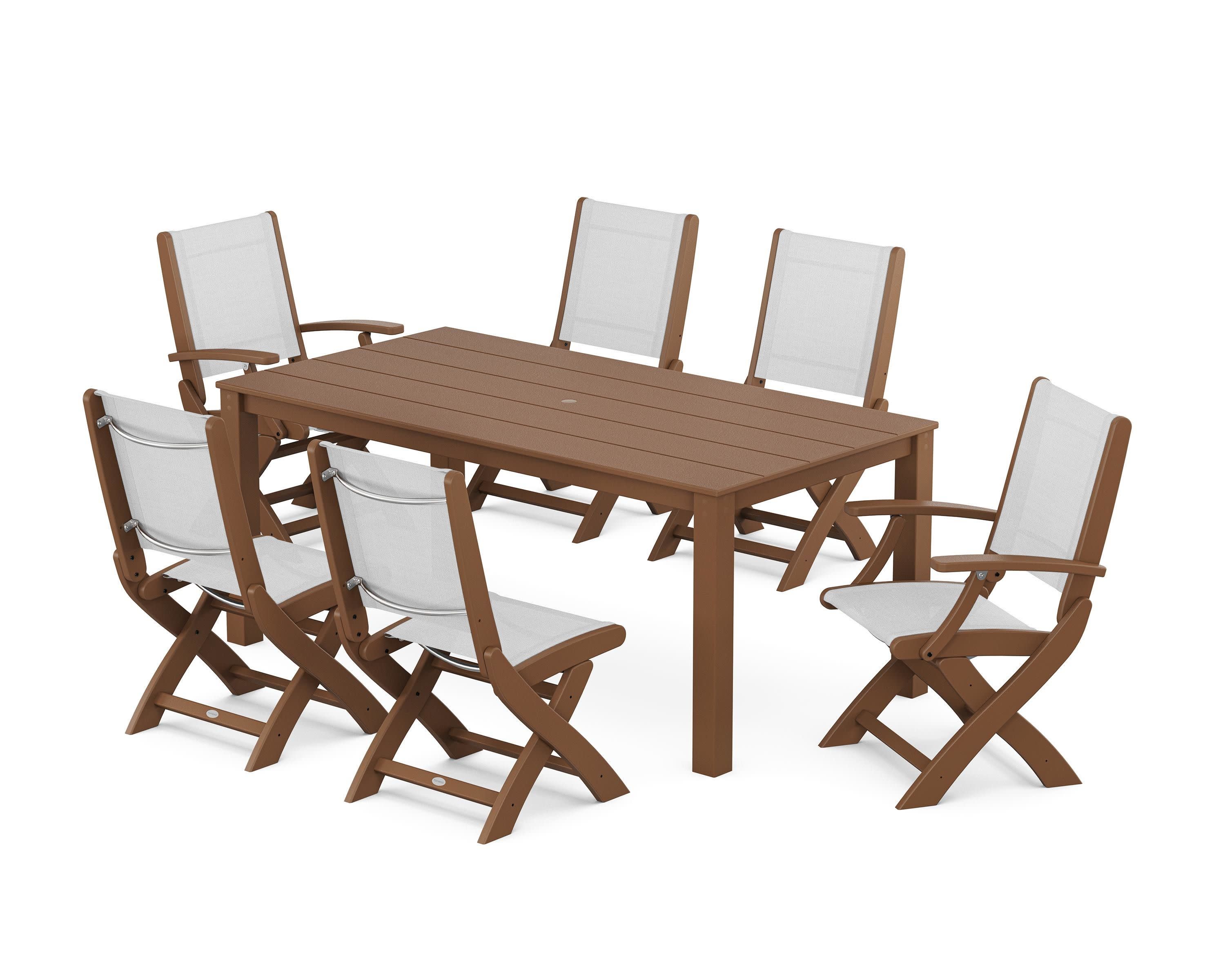 Coastal Folding Chair 7-Piece Parsons Dining Set in Teak / White Sling