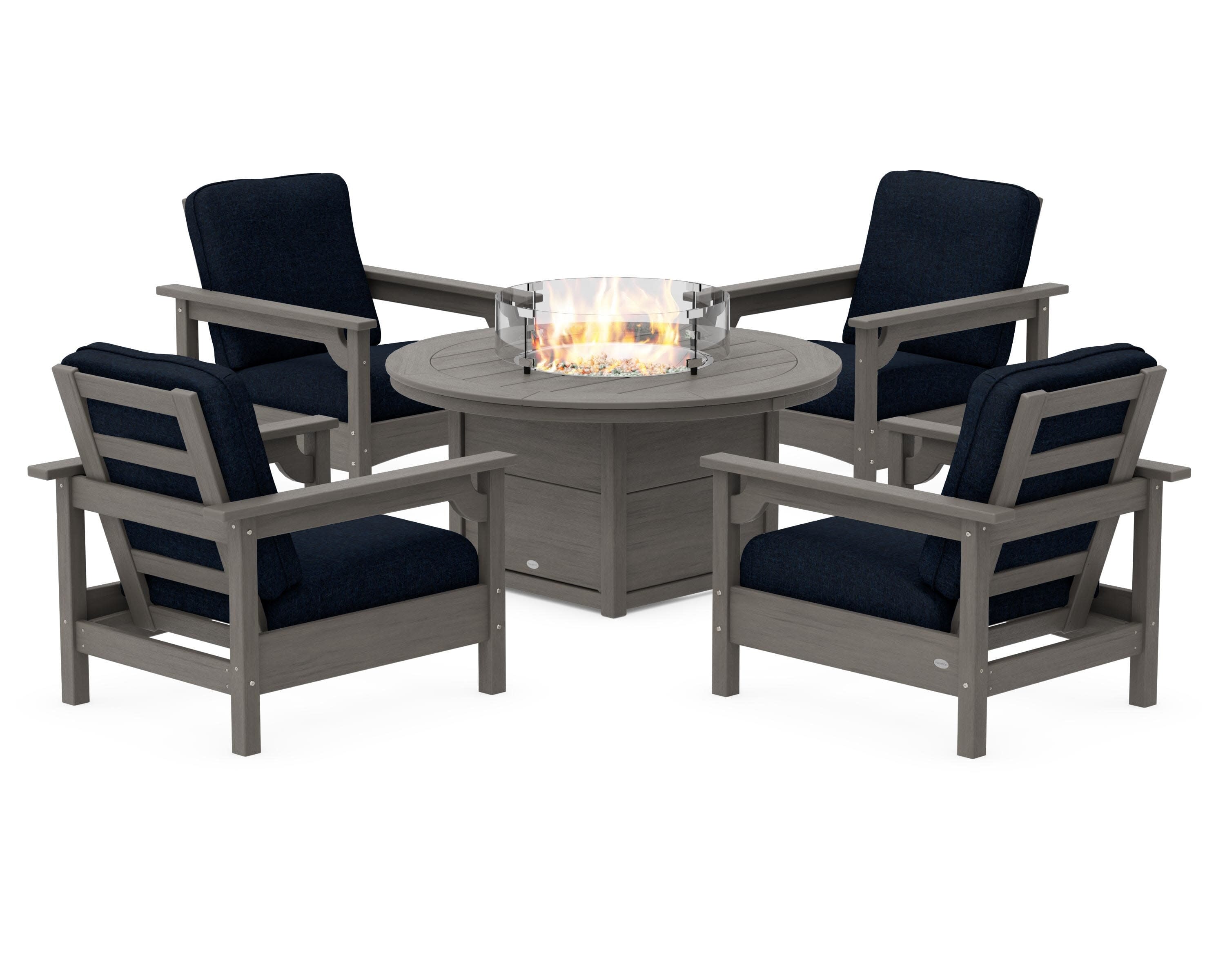 Club 5-Piece Conversation Set with Fire Pit Table in Driftwood / Marine Indigo