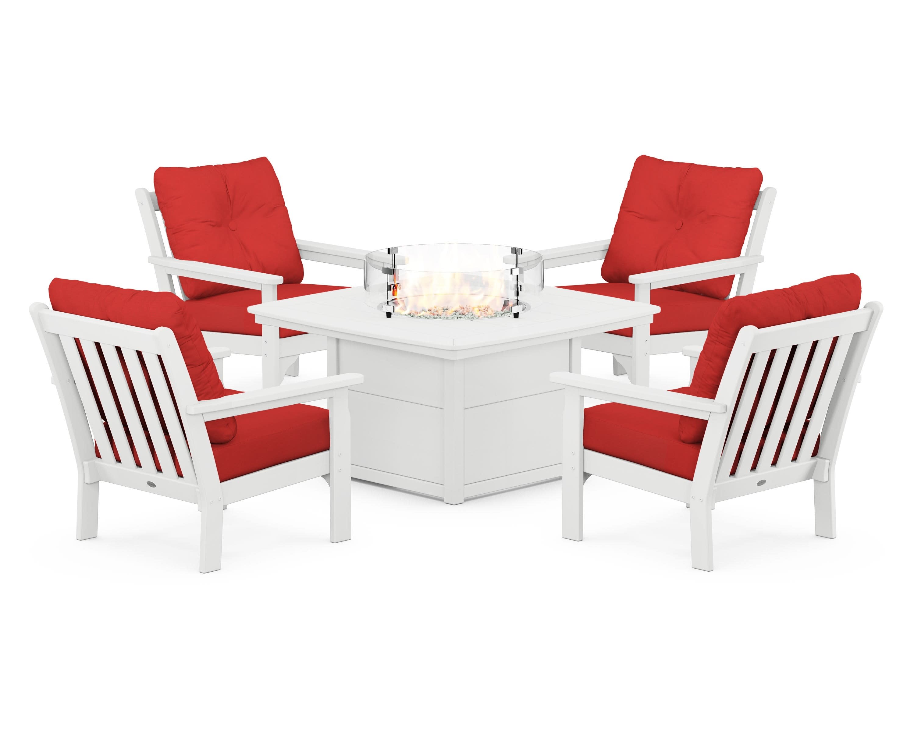 Vineyard 5-Piece Conversation Set with Fire Pit Table in White / Crimson Linen