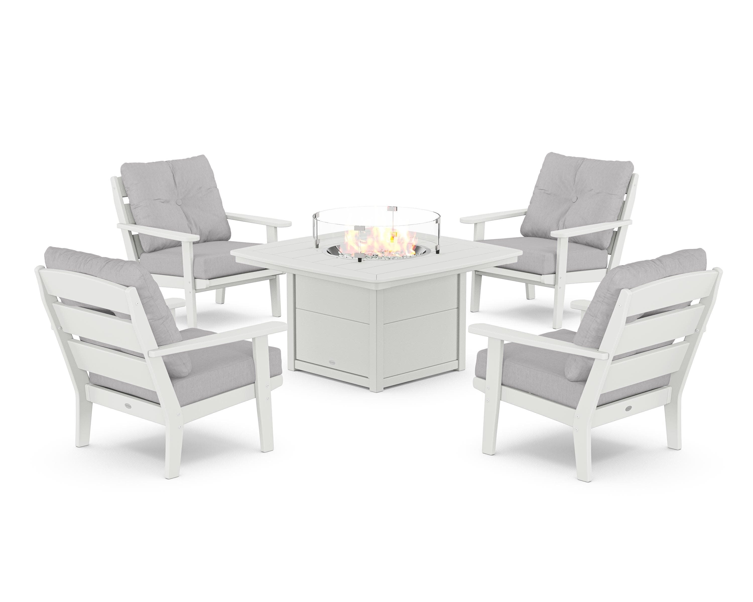 Lakeside 5-Piece Deep Seating Set with Nautical Fire Pit Table in White / Granite