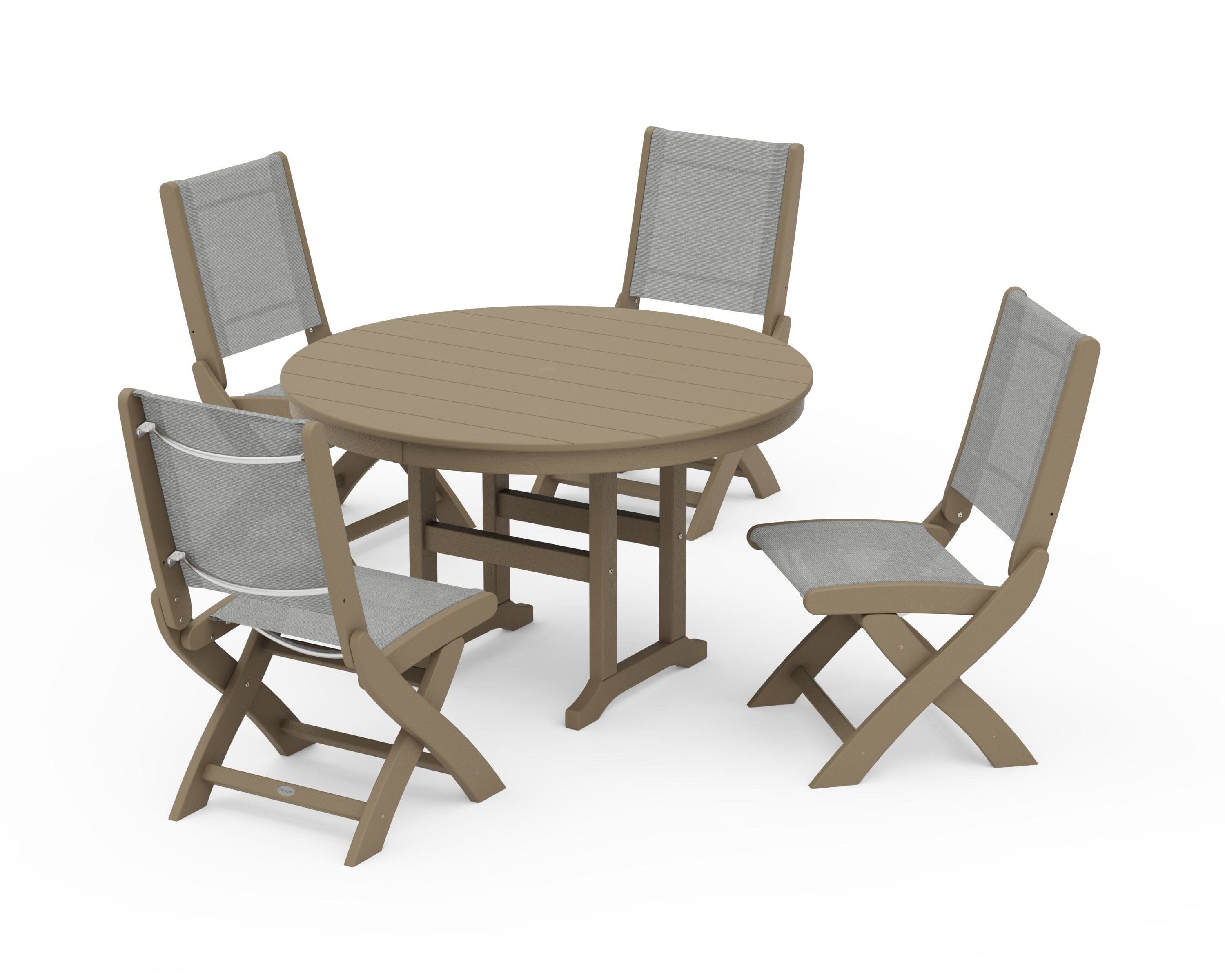Coastal Folding Side Chair 5-Piece Round Dining Set in Vintage Sahara / Metallic Sling