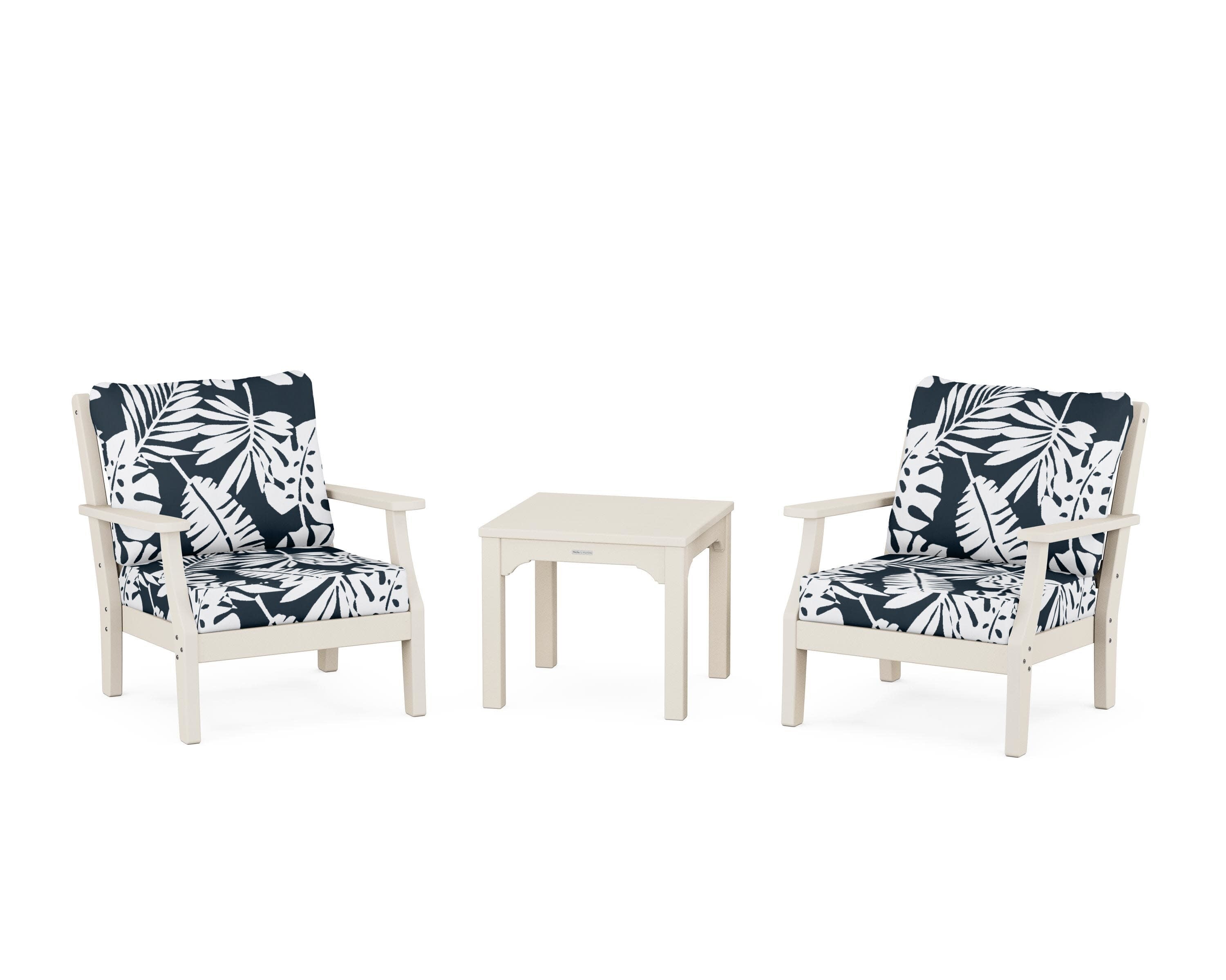 Chinoiserie 3-Piece Deep Seating Set in Sand / Leaf Marine Indigo