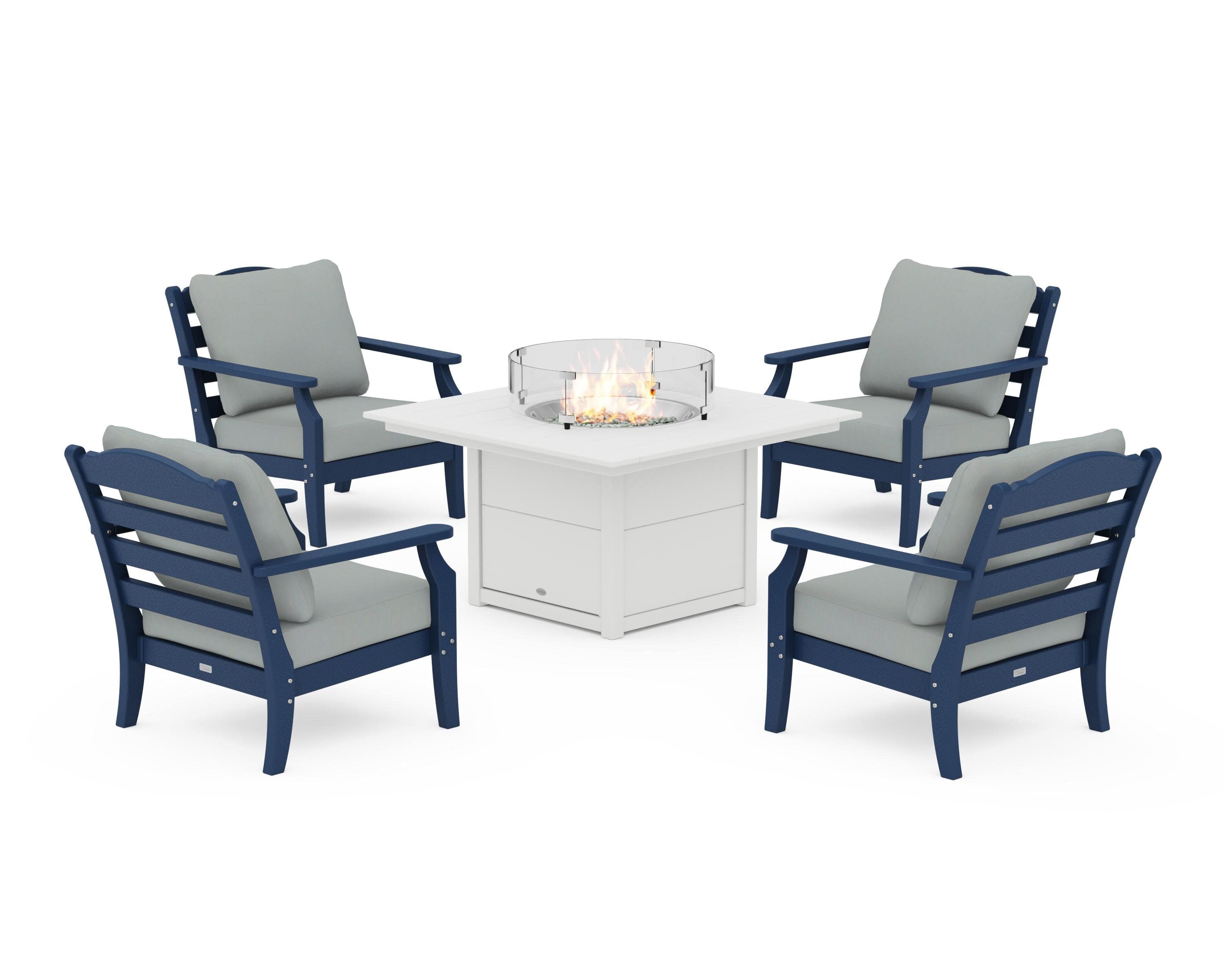 Savannah 5-Piece Deep Seating Set with Fire Pit Table in Navy / Spa
