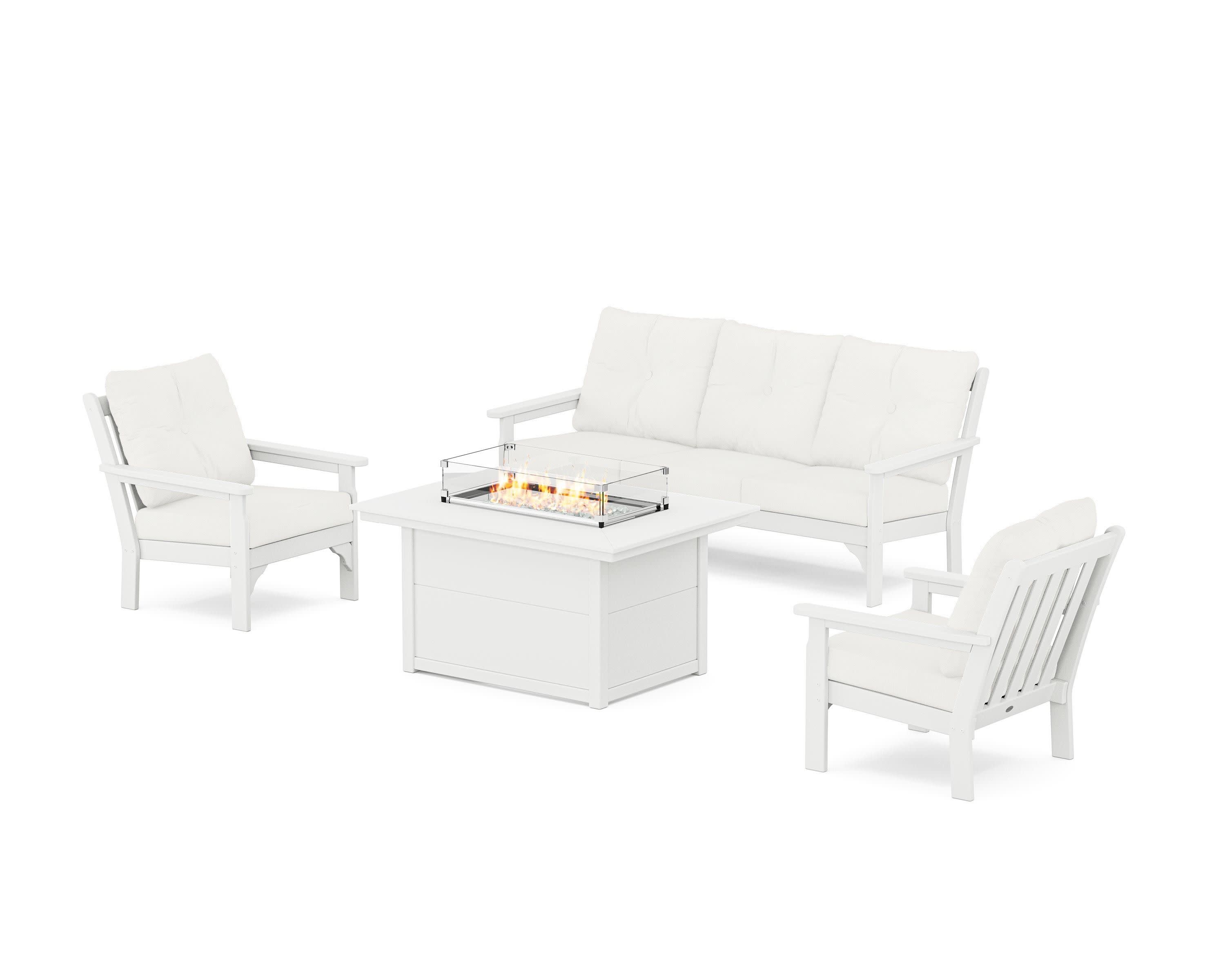 Vineyard Deep Seating Fire Pit Table Set in White / Natural Linen