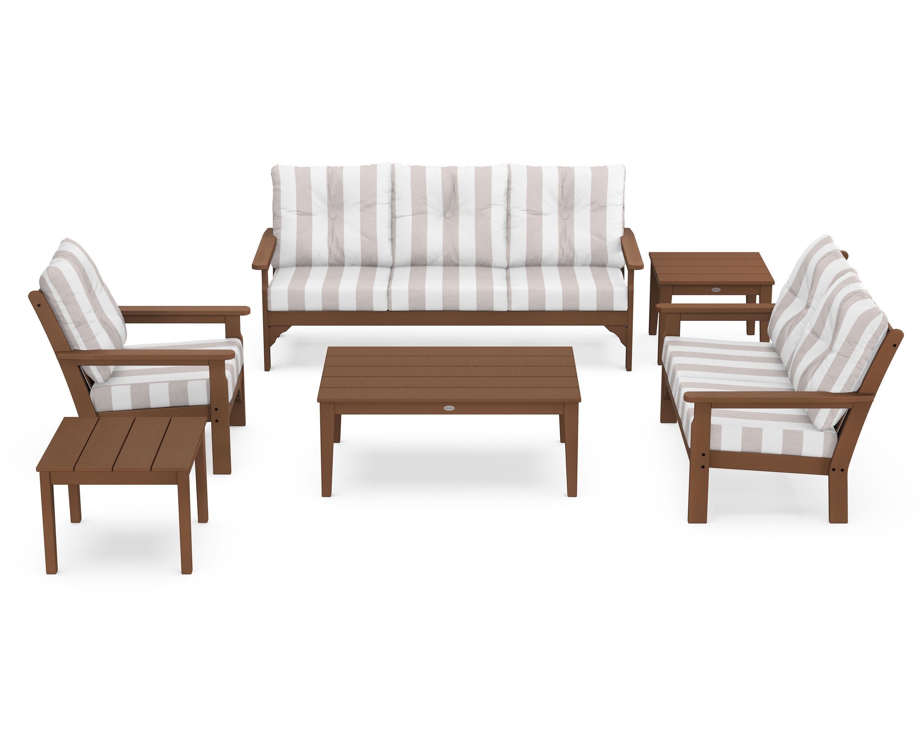 Vineyard 6-Piece Deep Seating Set in Teak / Cabana Stripe Dune Burlap