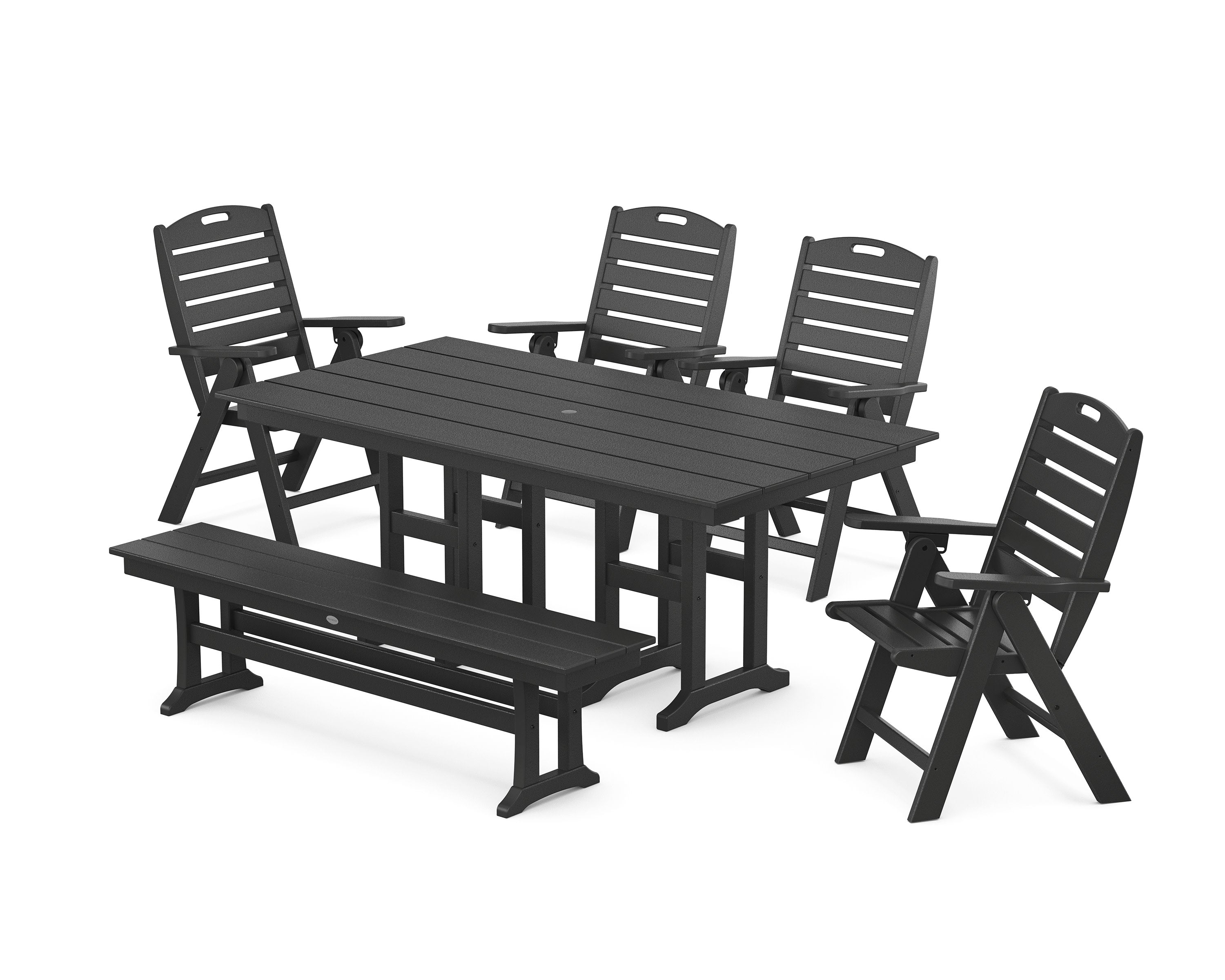Nautical Highback 6-Piece Farmhouse Dining Set with Bench in Black