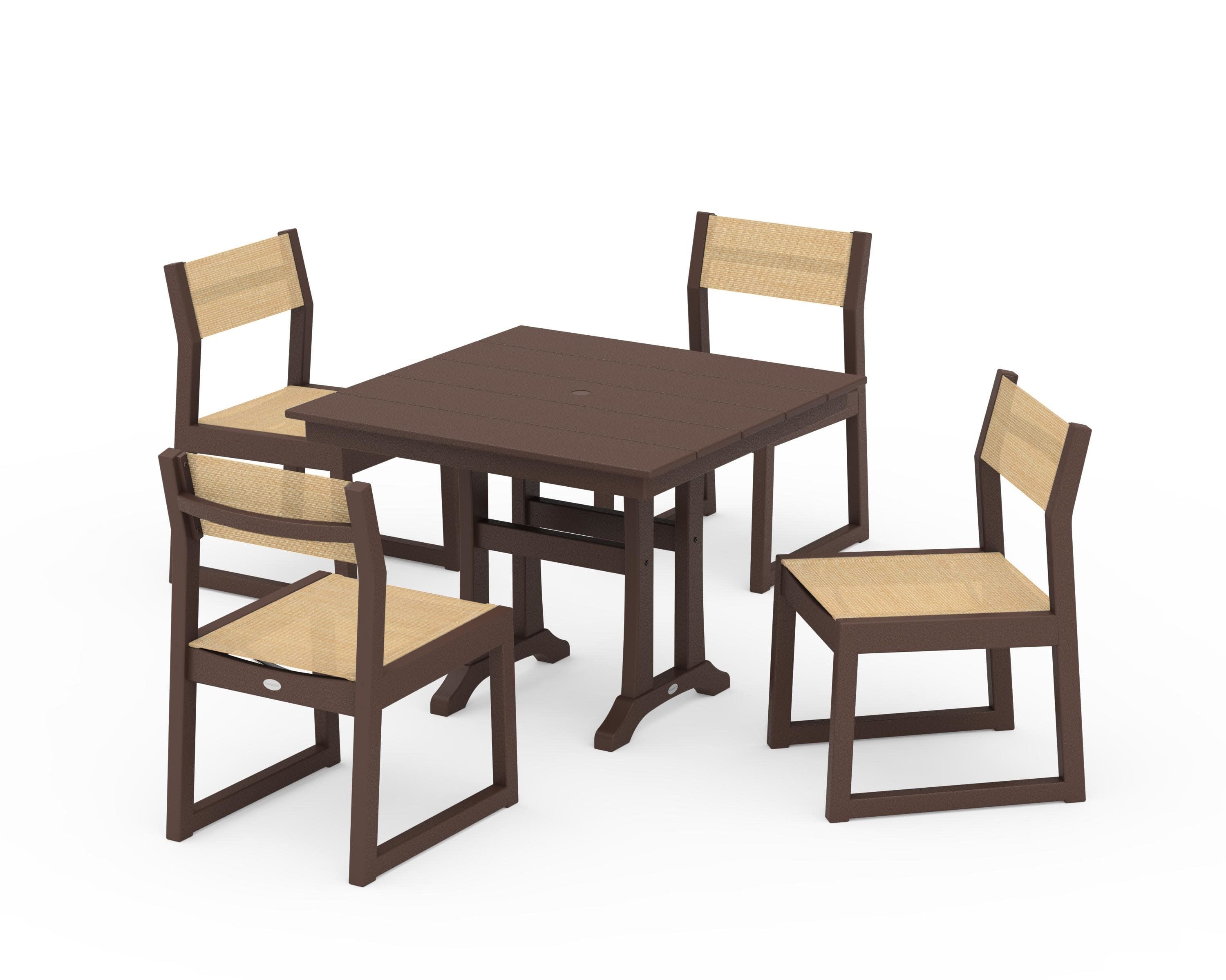 EDGE Sling 5-Piece Farmhouse Trestle Side Chair Dining Set in Mahogany / Dupioni Apricot Sling