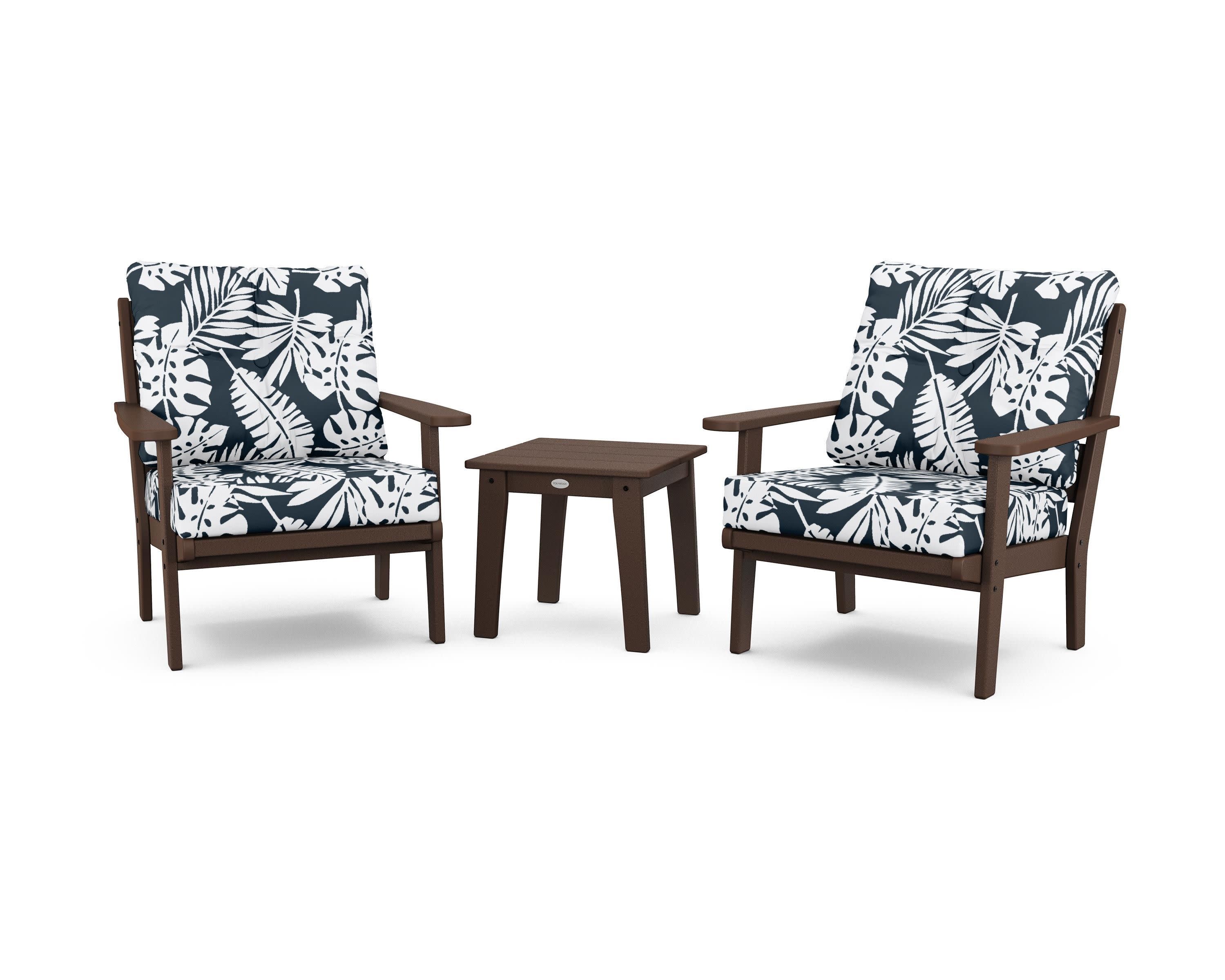 Lakeside 3-Piece Deep Seating Chair Set in Mahogany / Leaf Marine Indigo