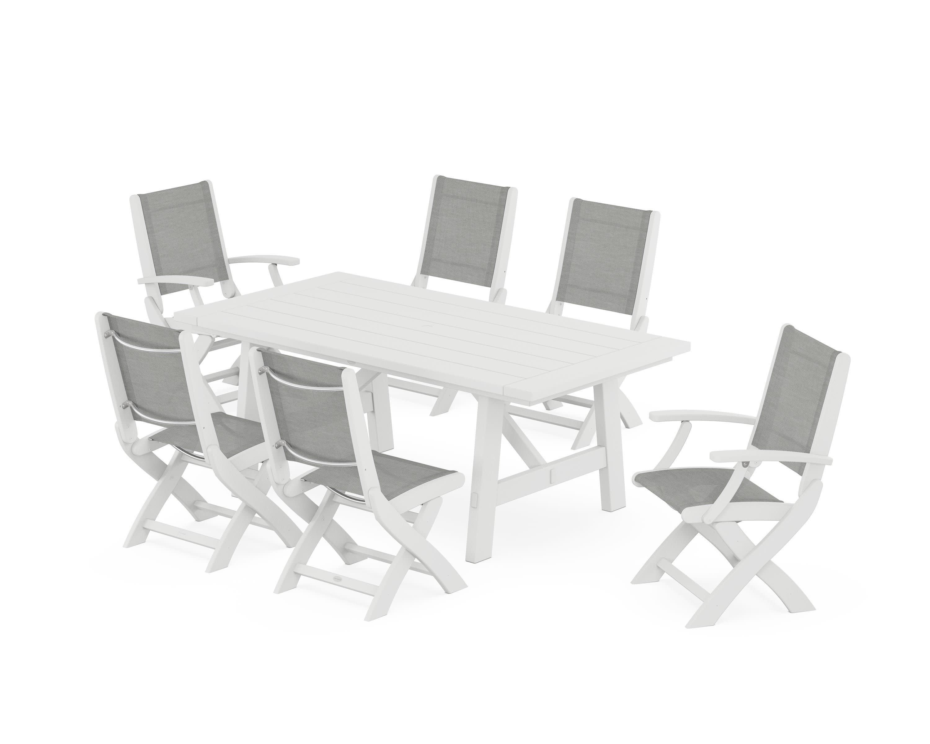 Coastal Folding Chair 7-Piece Rustic Farmhouse Dining Set in White / Metallic Sling