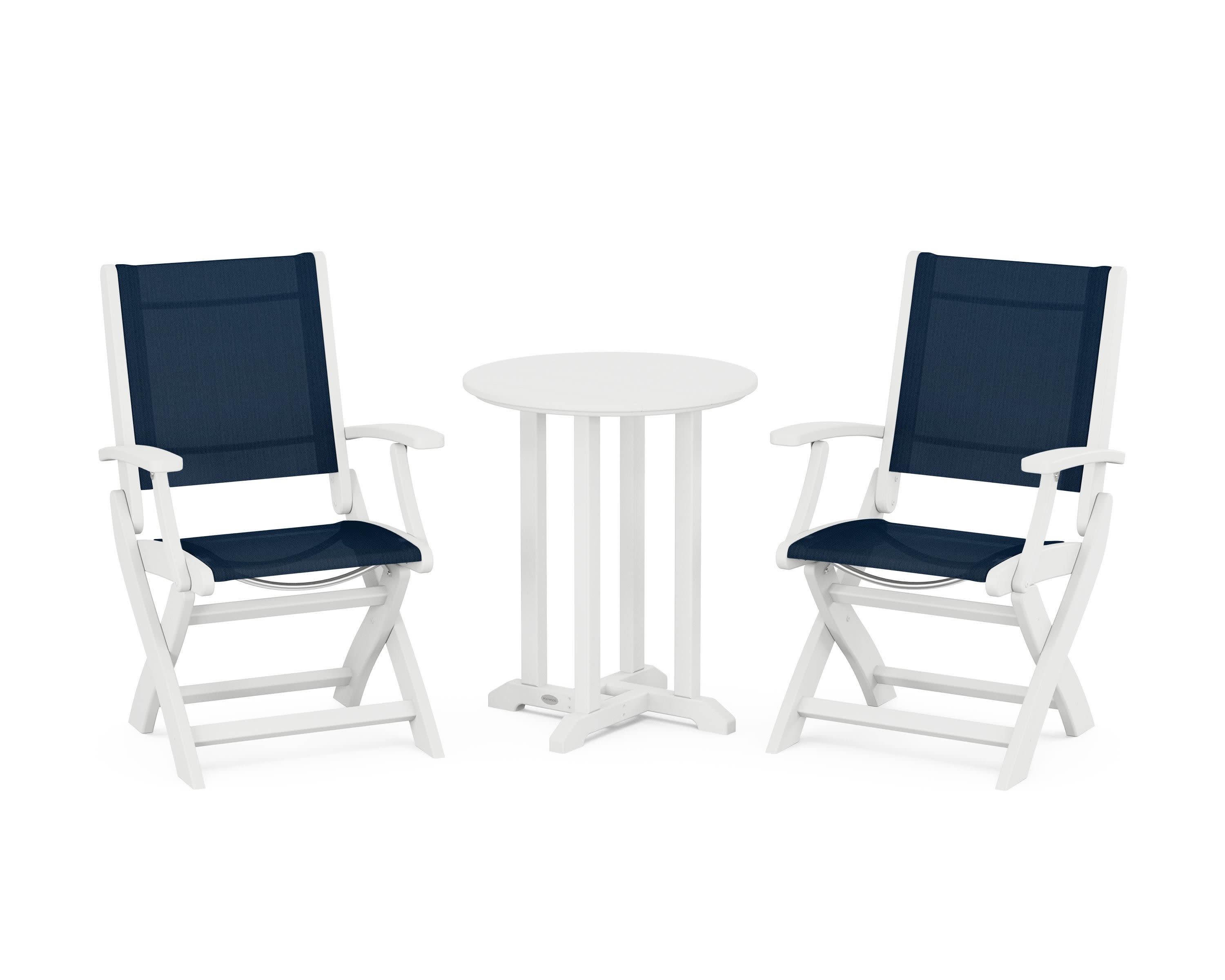 Coastal Folding 3-Piece Round Bistro Dining Set in White / Navy Blue Sling