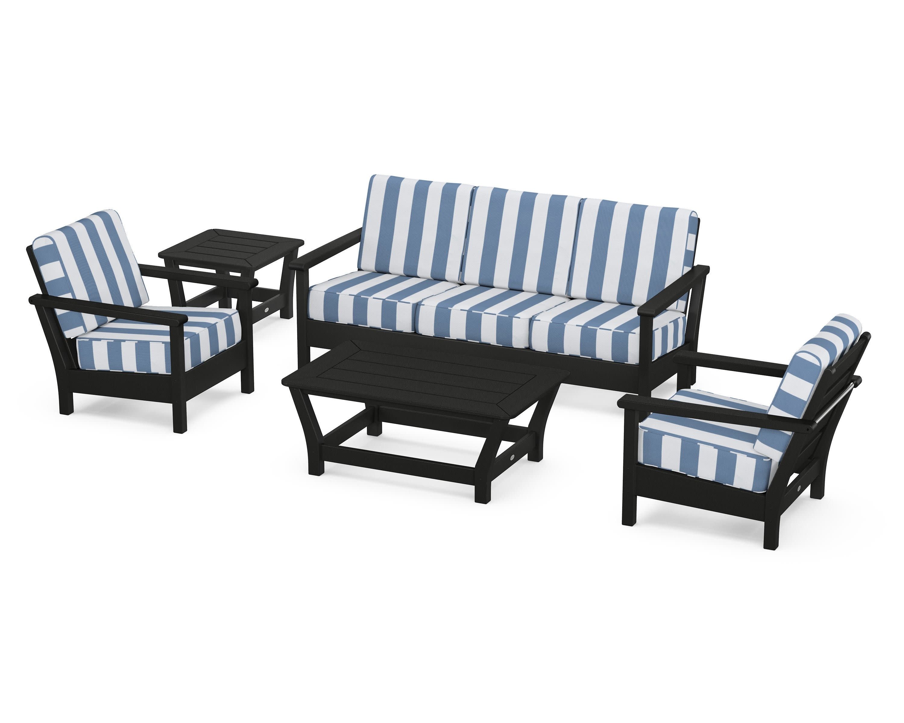 Harbour 5-Piece Deep Seating Set in Black / Cabana Stripe Sky Blue