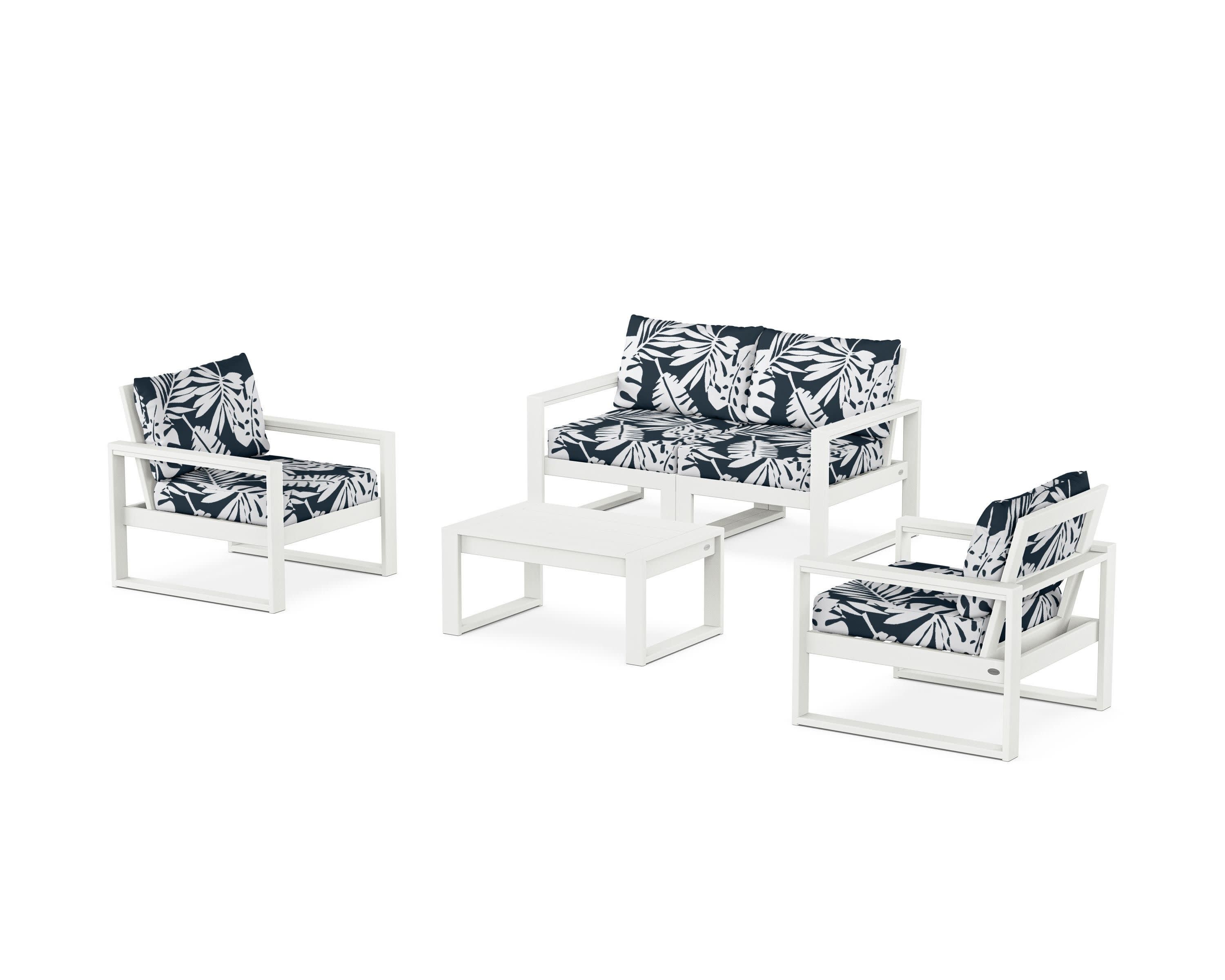 EDGE Sectional 4-Piece Deep Seating Set with Loveseat in Vintage White / Leaf Marine Indigo