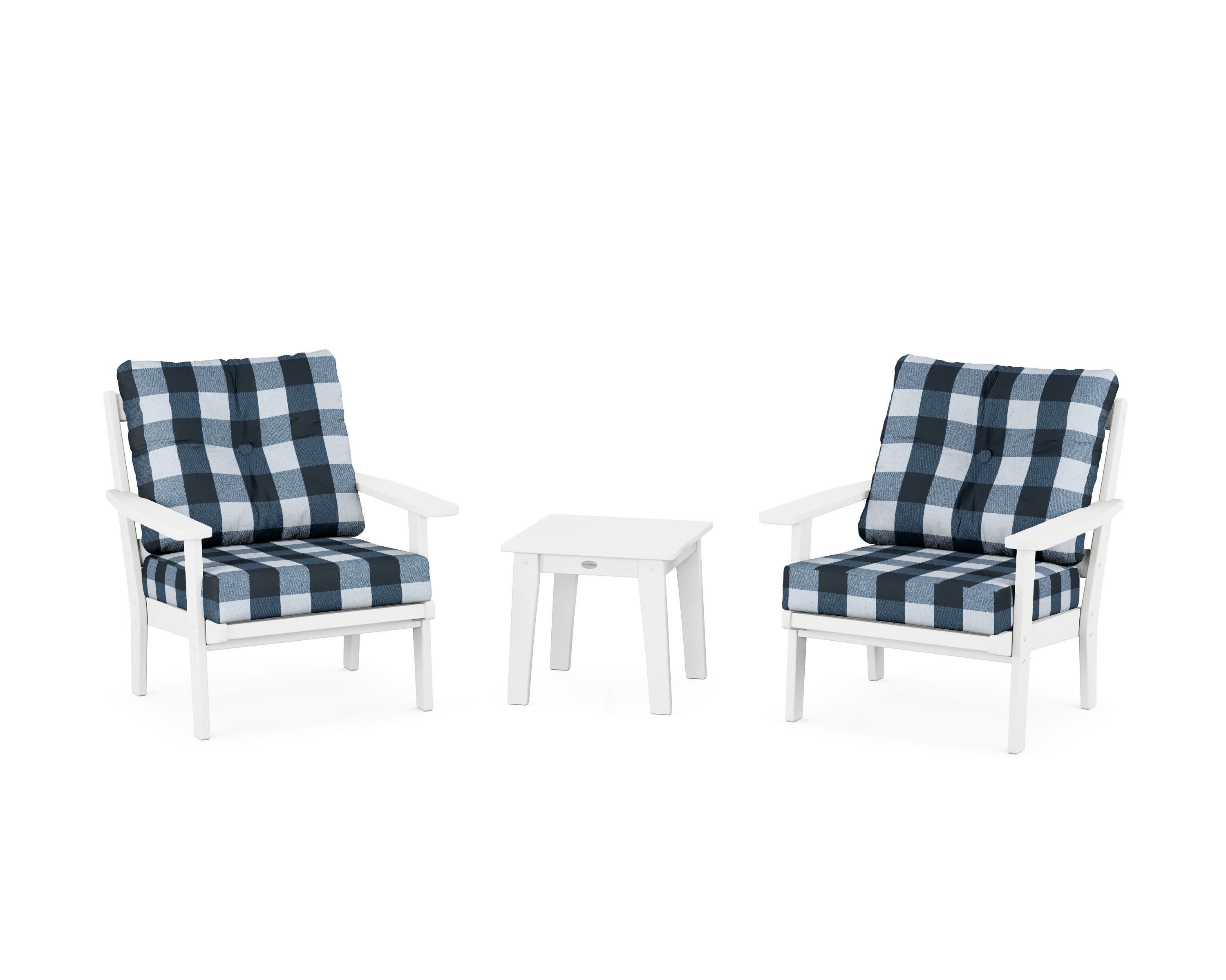 Oxford 3-Piece Deep Seating Set in White / Buffalo Plaid Marine Indigo