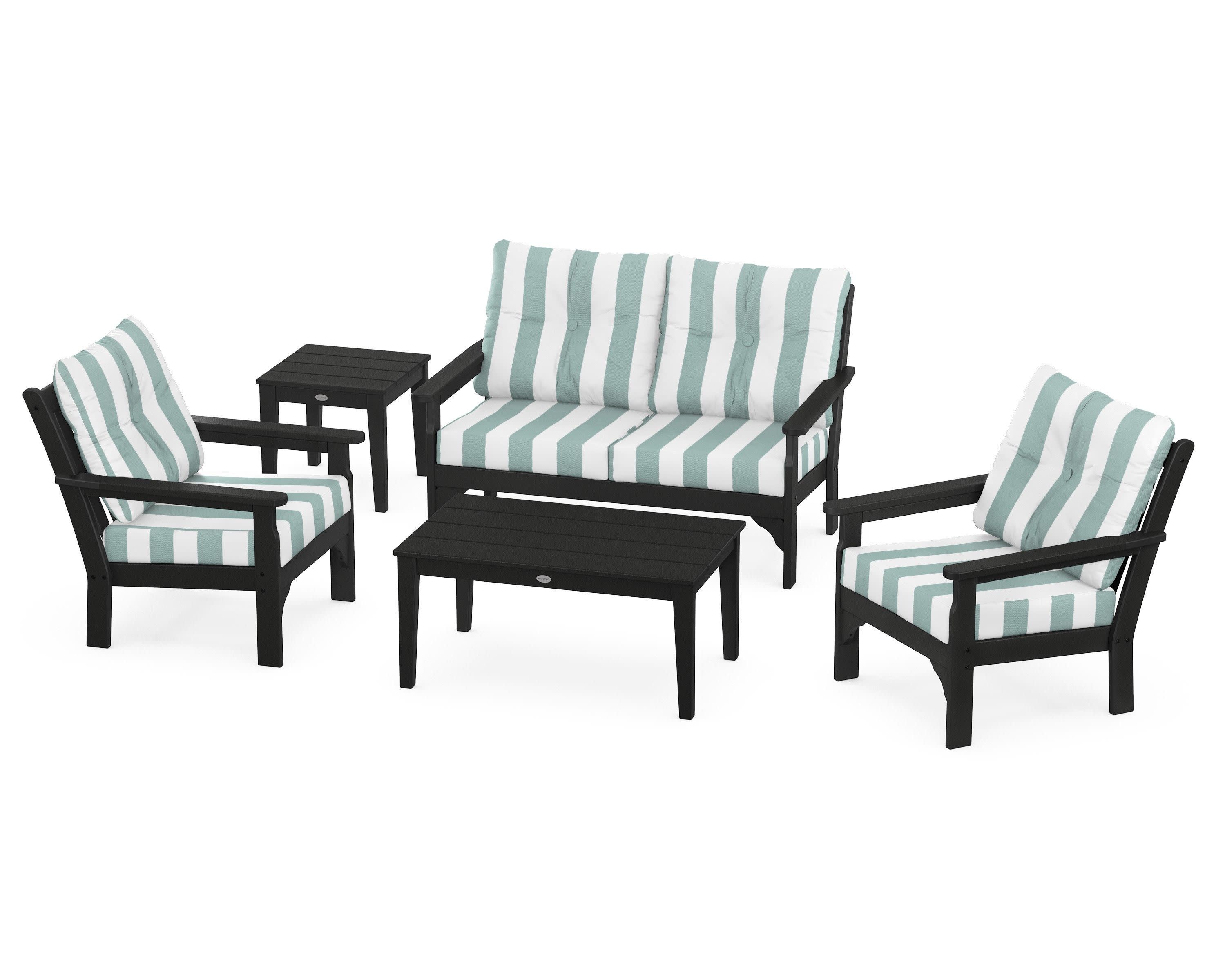 Vineyard 5-Piece Deep Seating Set in Black / Cabana Stripe Glacier Spa
