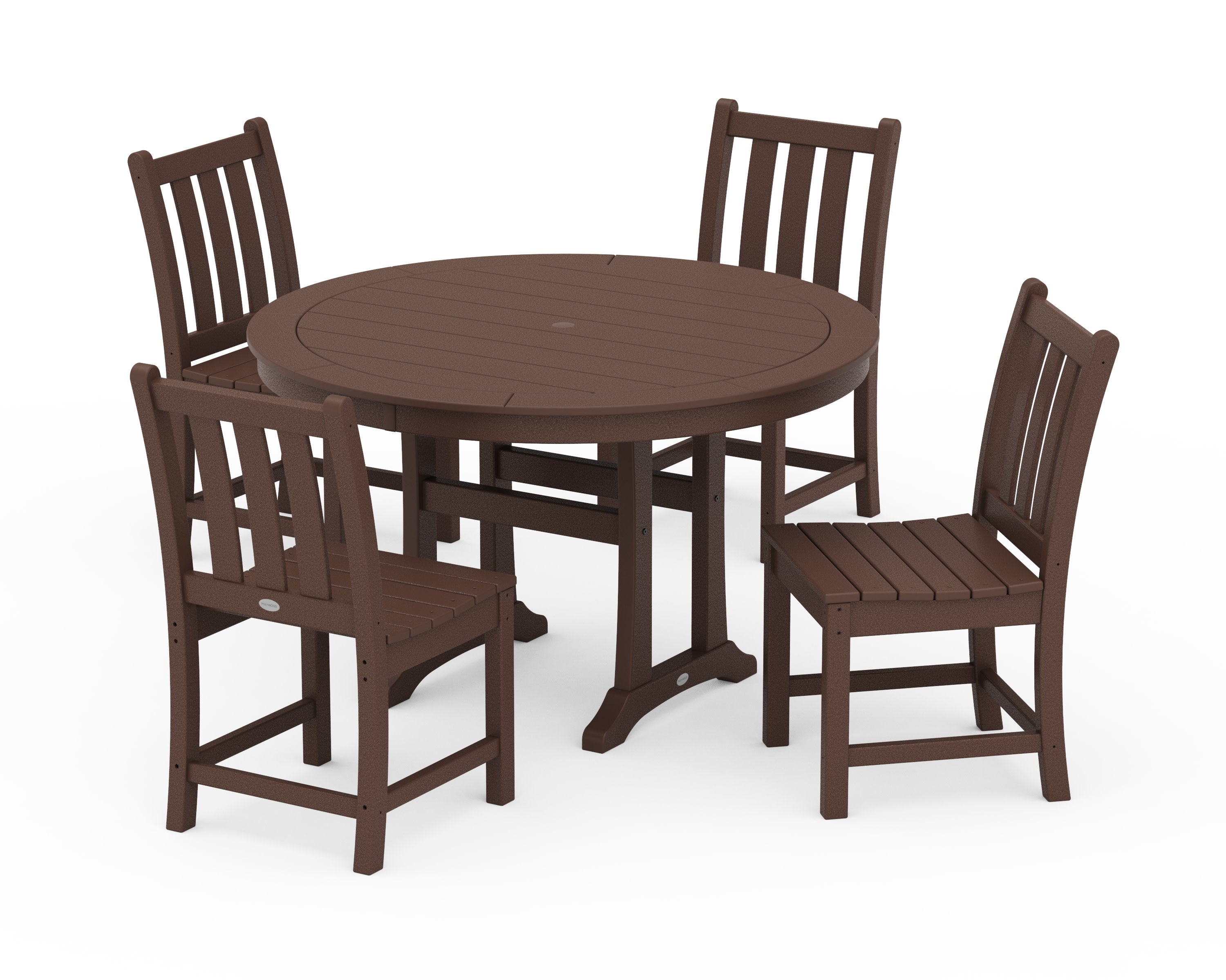 Traditional Garden Side Chair 5-Piece Round Dining Set With Trestle Legs in Mahogany