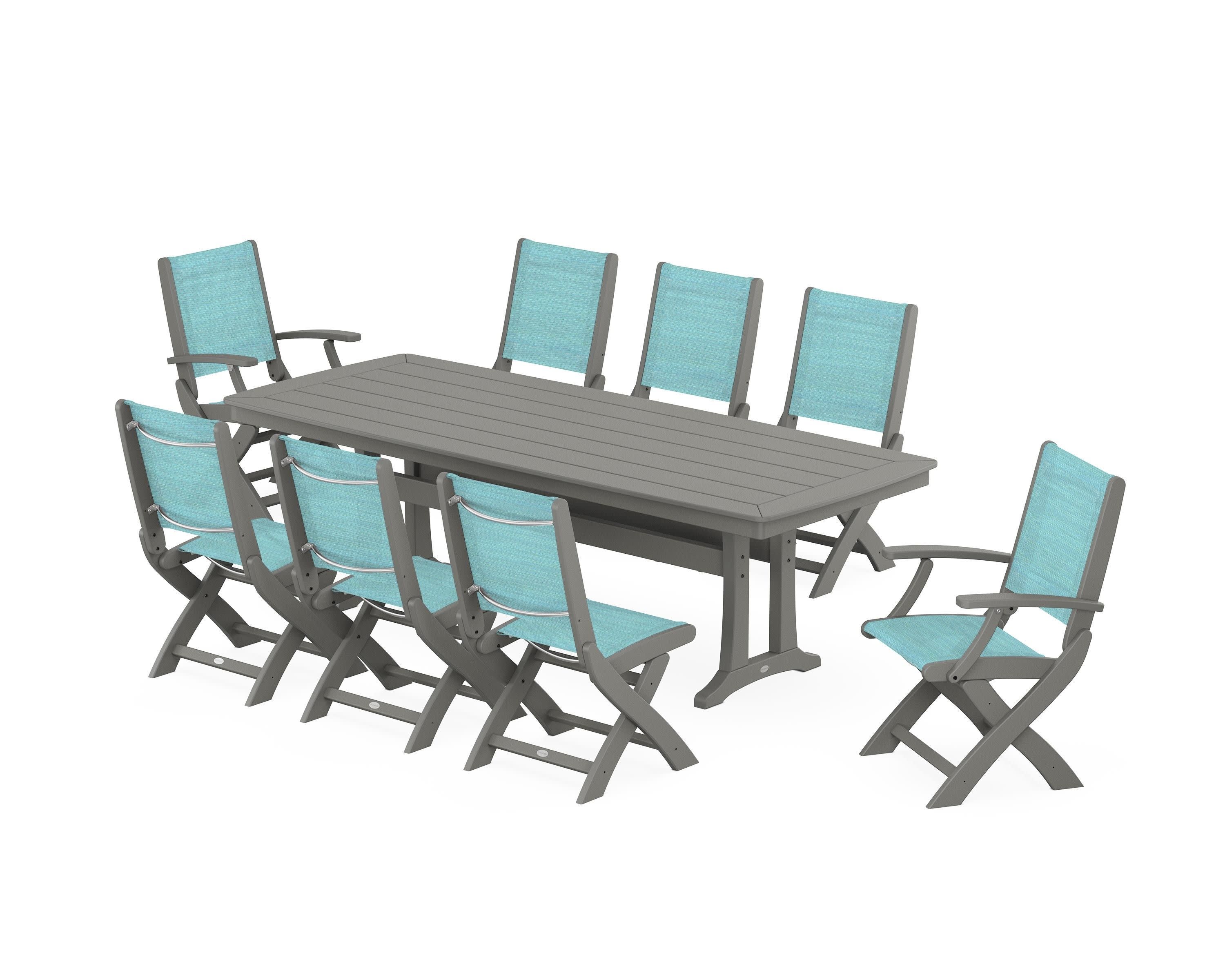 Coastal Folding 9-Piece Dining Set with Trestle Legs in Slate Grey / Dupioni Aquamarine Sling