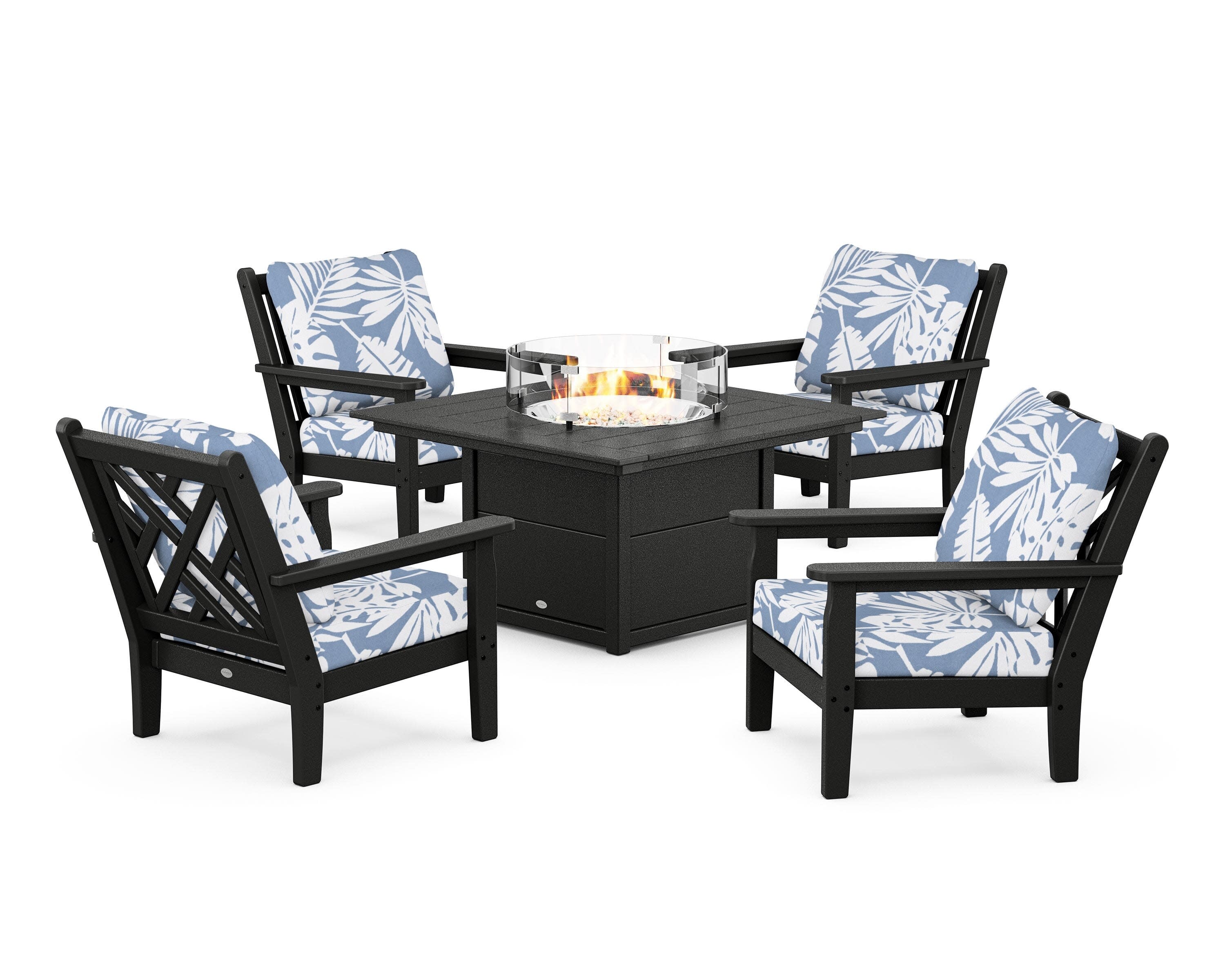 Chippendale 5-Piece Deep Seating Set with Fire Pit Table in Black / Leaf Sky Blue