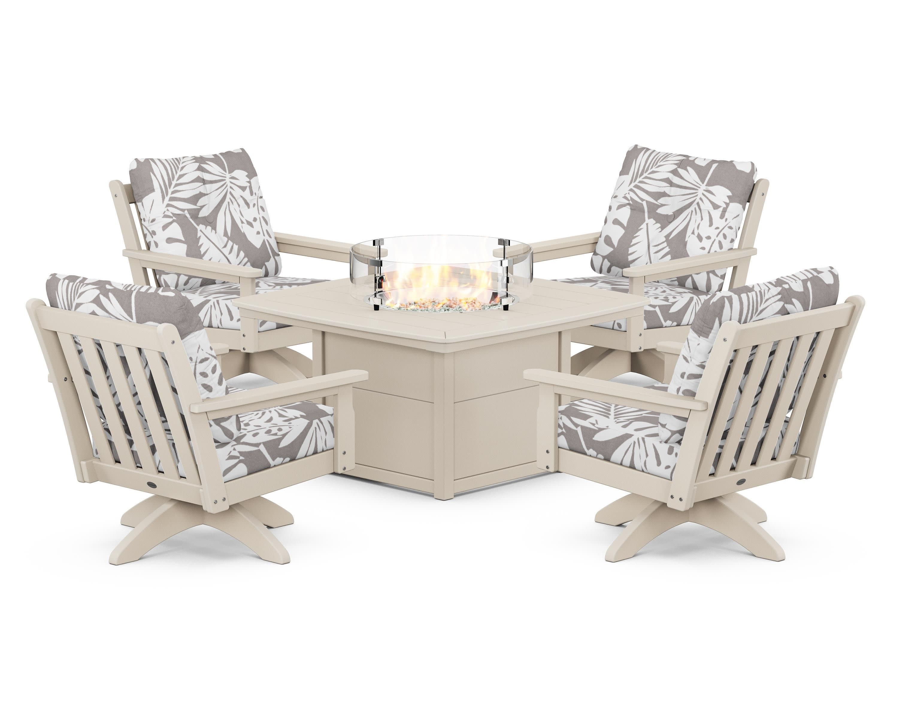 Vineyard 5-Piece Deep Seating Swivel Conversation Set with Fire Pit Table in Sand / Leaf Grey Mist
