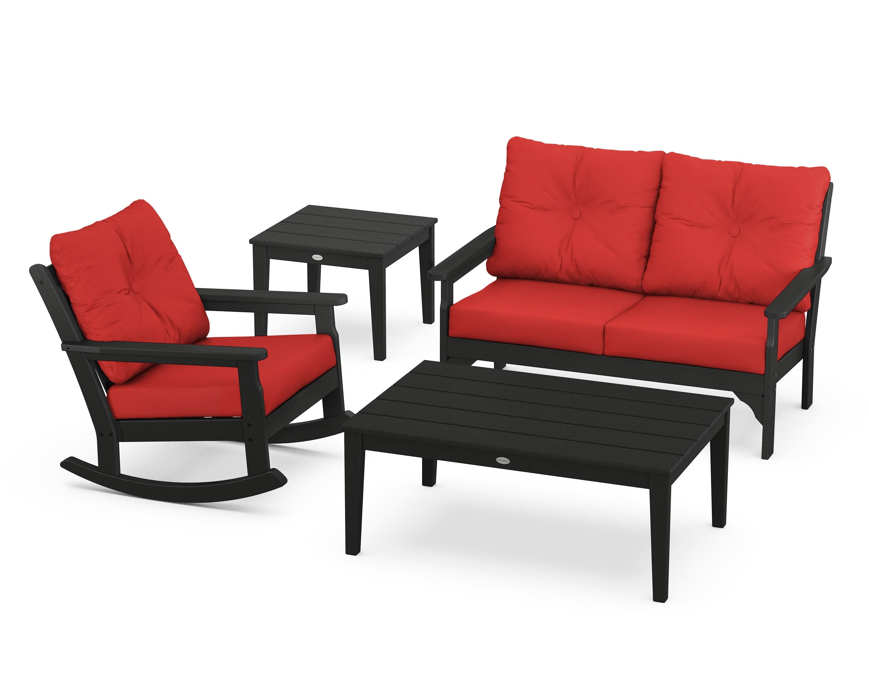 Vineyard 4-Piece Deep Seating Rocker Set in Black / Crimson Linen