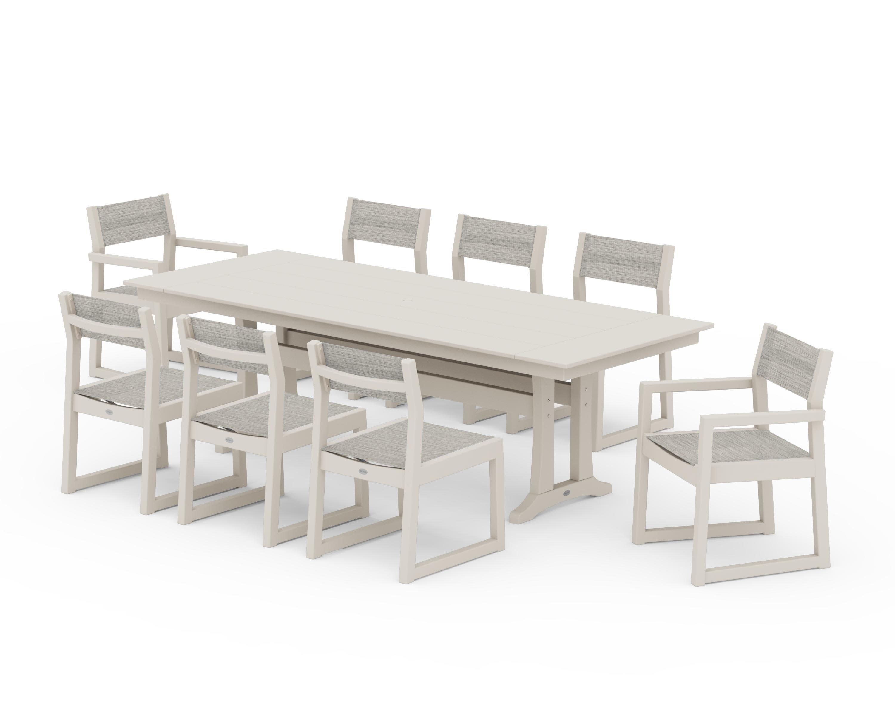 EDGE Sling 9-Piece Farmhouse Trestle Dining Set in Sand / Birch Sling