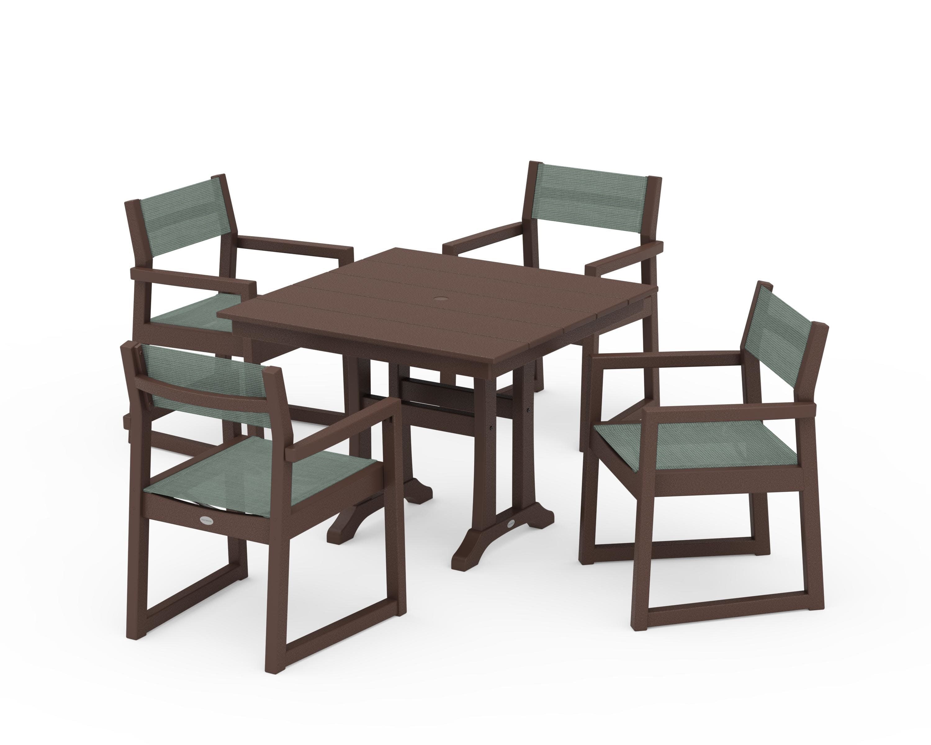 EDGE Sling 5-Piece Farmhouse Dining Set with Trestle Legs in Mahogany / Dupioni Sea Mist Sling